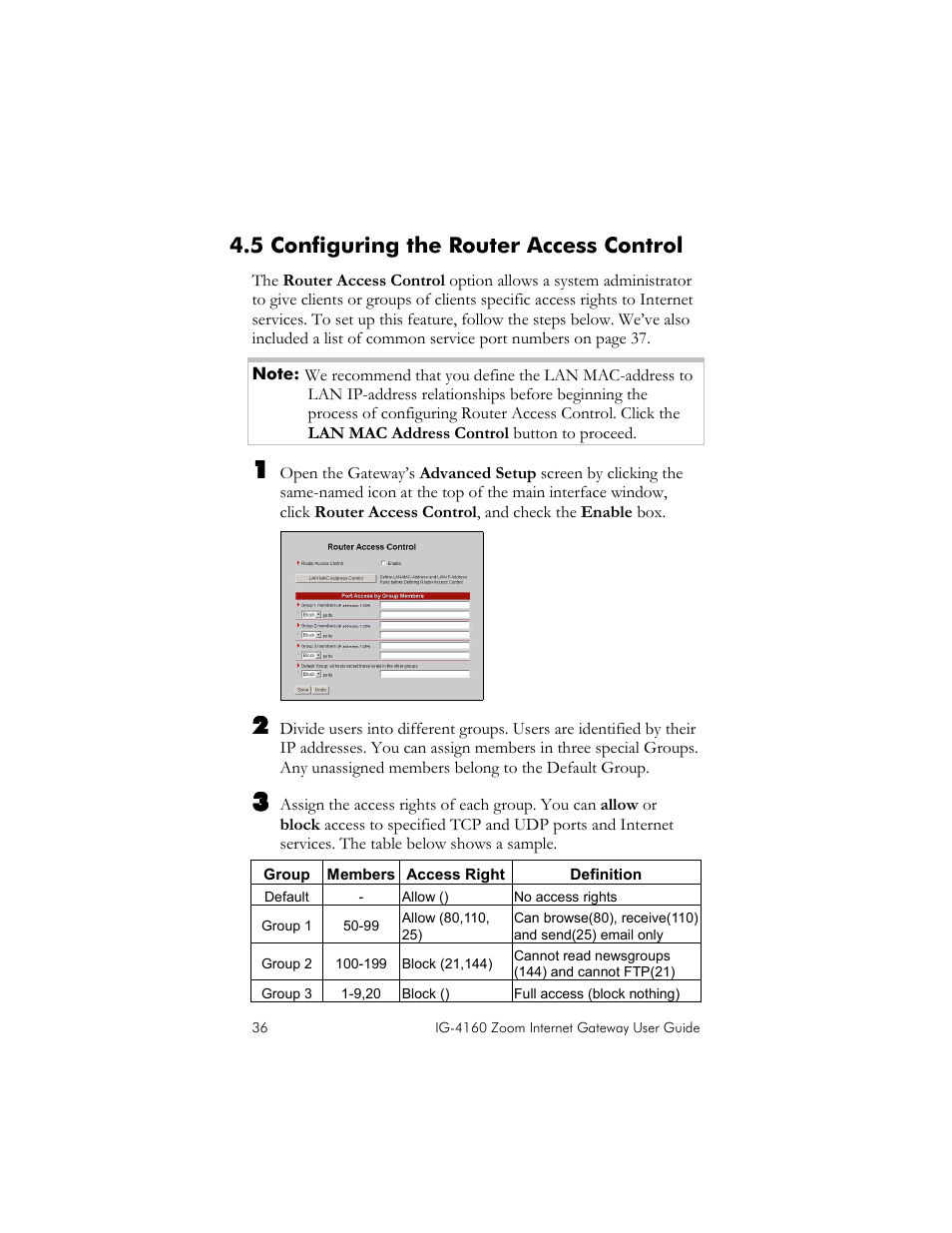 5 configuring the router access control, Onfiguring the, Outer | Ccess, Ontrol | Zoom IG-4160 User Manual | Page 36 / 48