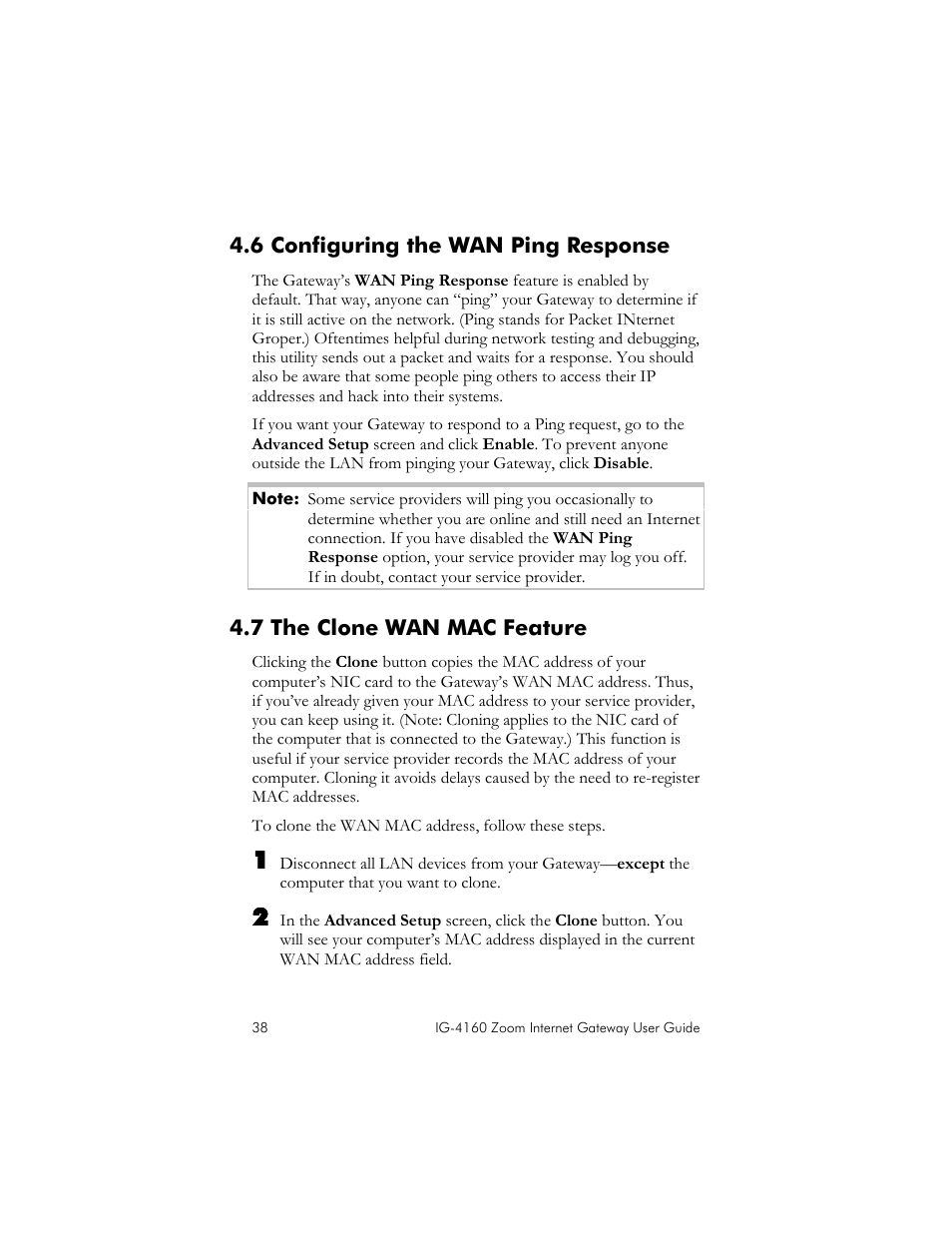 6 configuring the wan ping response, 7 the clone wan mac feature, Onfiguring the | Wan p, Esponse, Lone, Wan mac f, Eature | Zoom IG-4160 User Manual | Page 38 / 48