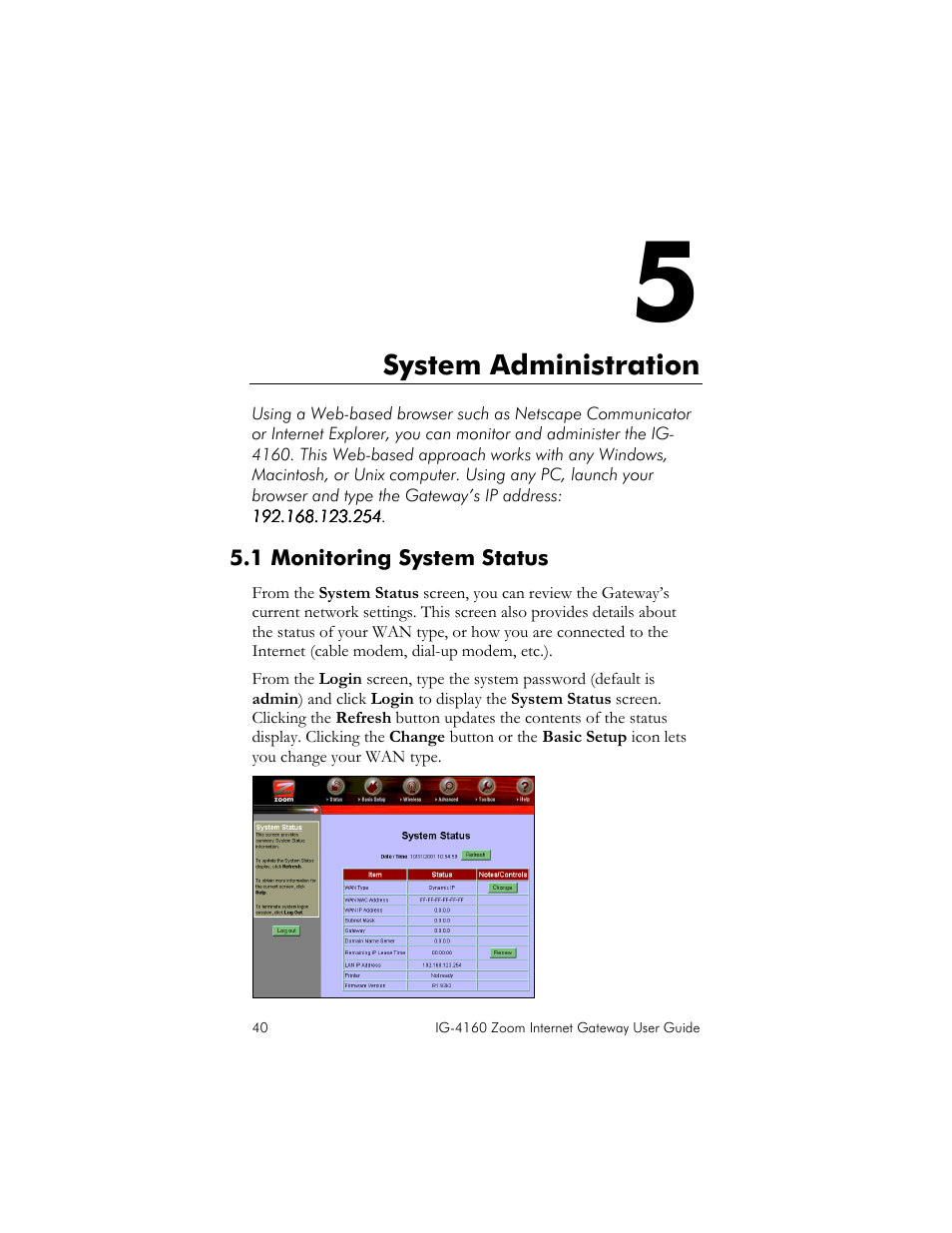 1 monitoring system status, System administration, Onitoring | Ystem, Tatus | Zoom IG-4160 User Manual | Page 40 / 48