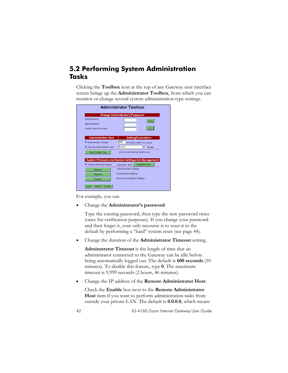 2 performing system administration tasks, Erforming, Ystem | Dministration, Asks | Zoom IG-4160 User Manual | Page 42 / 48