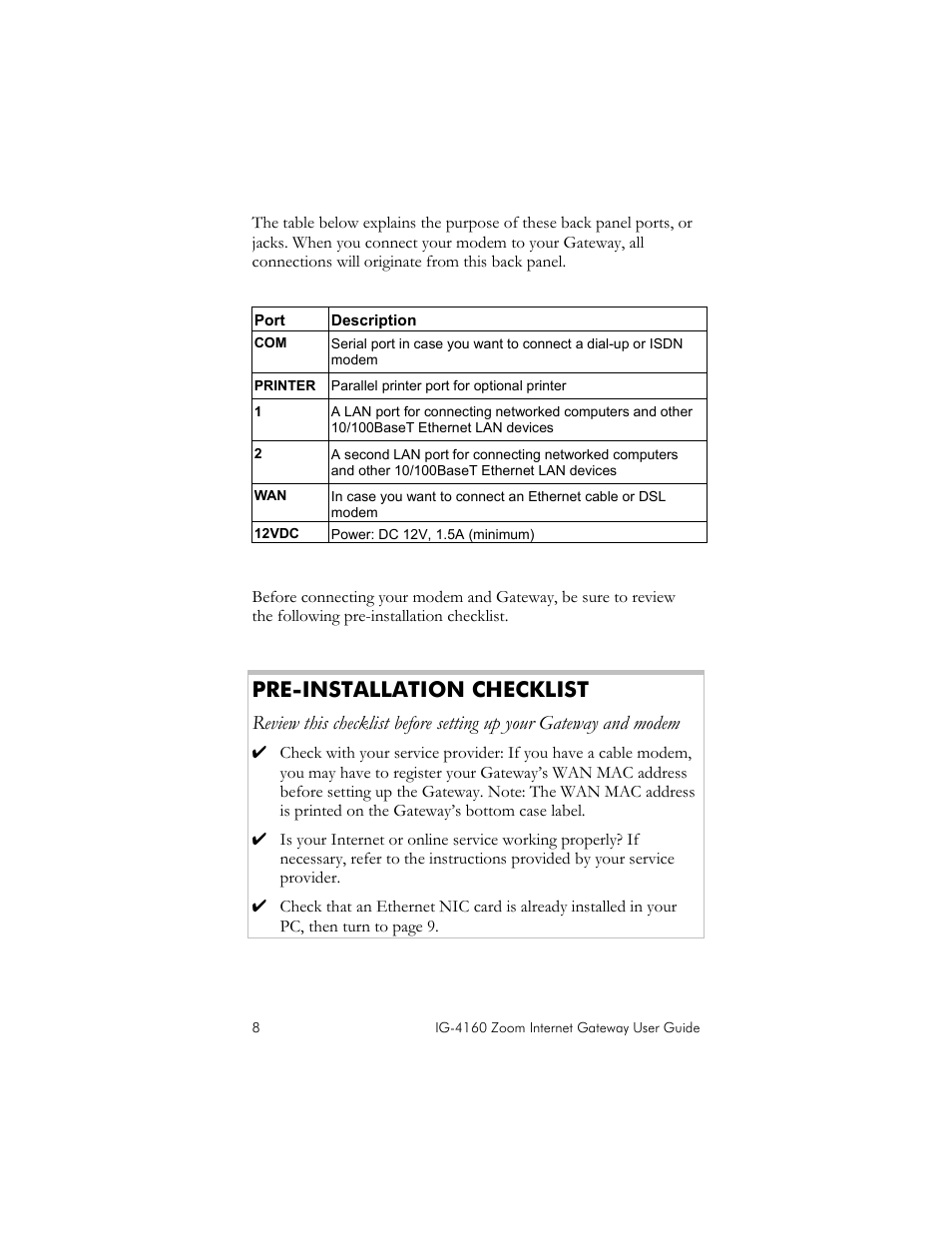 Pre-installation checklist | Zoom IG-4160 User Manual | Page 8 / 48