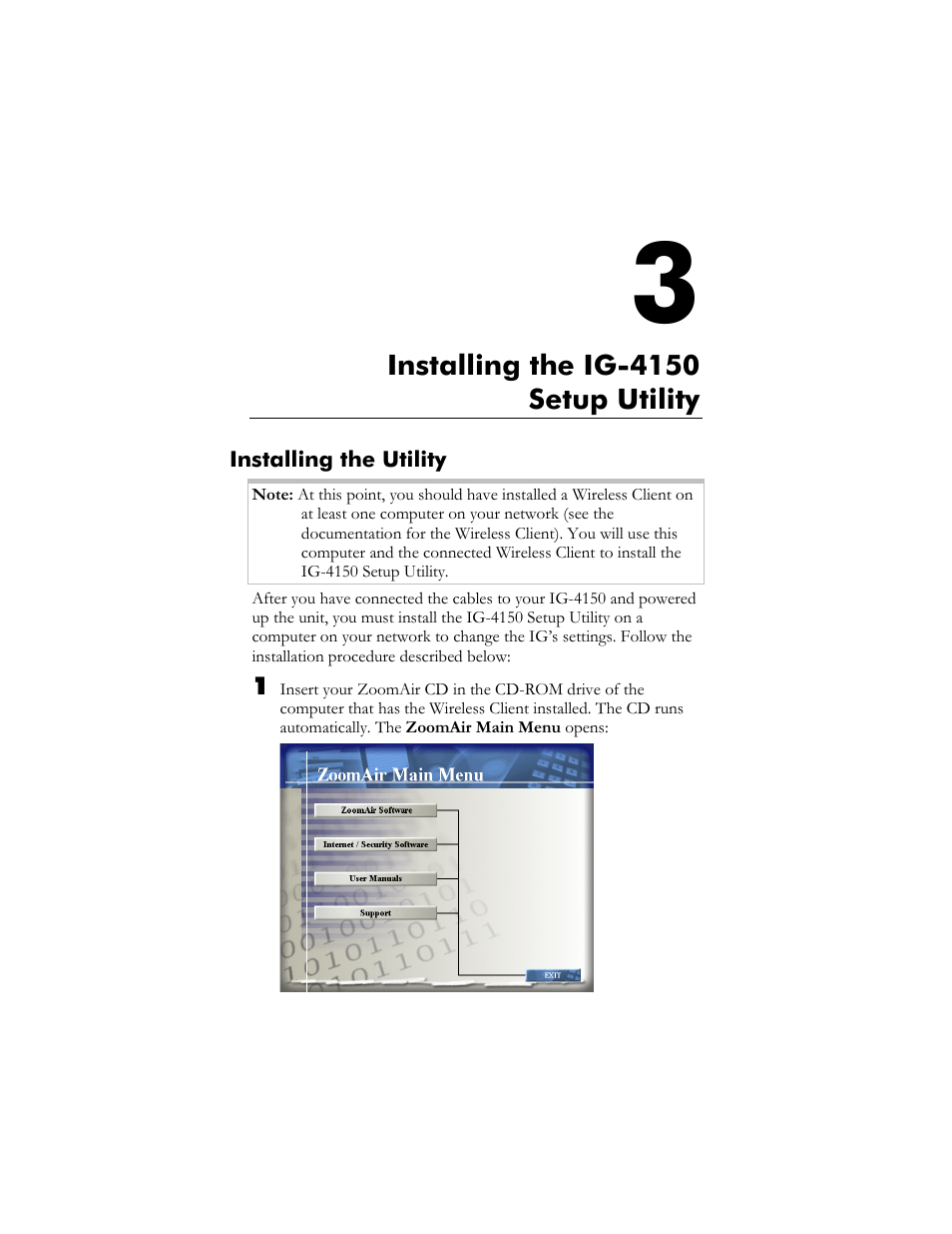 Installing the utility, Owering, P the | Hapter, Nstalling the, Ig-4150 s, Etup, Tility | Zoom ZoomAir IG-4150 User Manual | Page 13 / 72