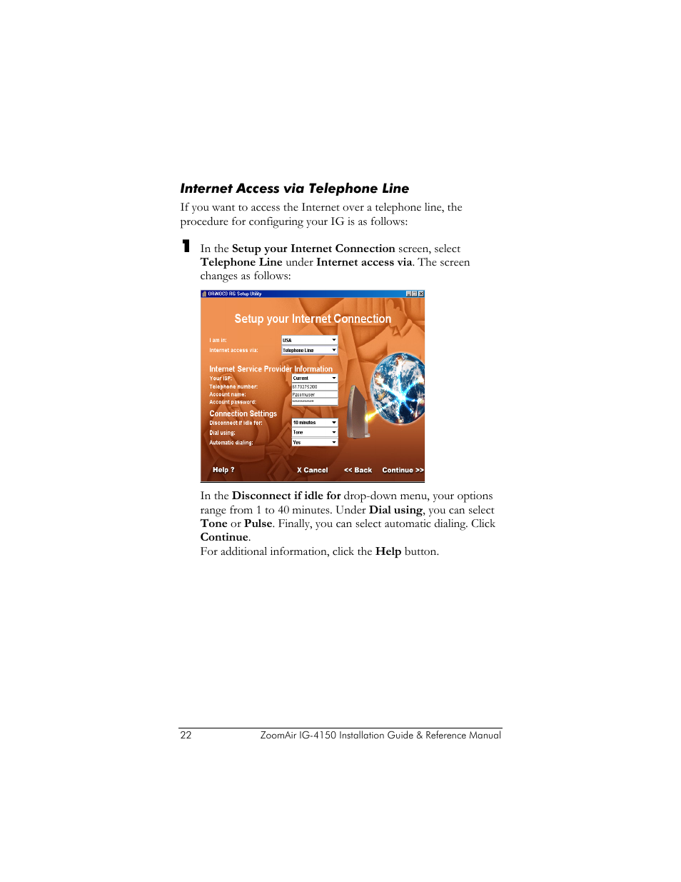 Internet access via telephone line, Ge 22 ) | Zoom ZoomAir IG-4150 User Manual | Page 22 / 72