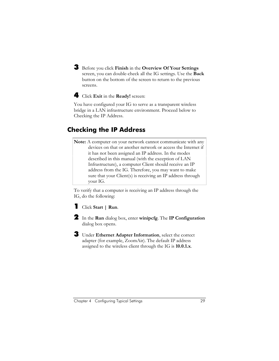 Checking the ip address, Onfiguring the, Ettings | Zoom ZoomAir IG-4150 User Manual | Page 29 / 72