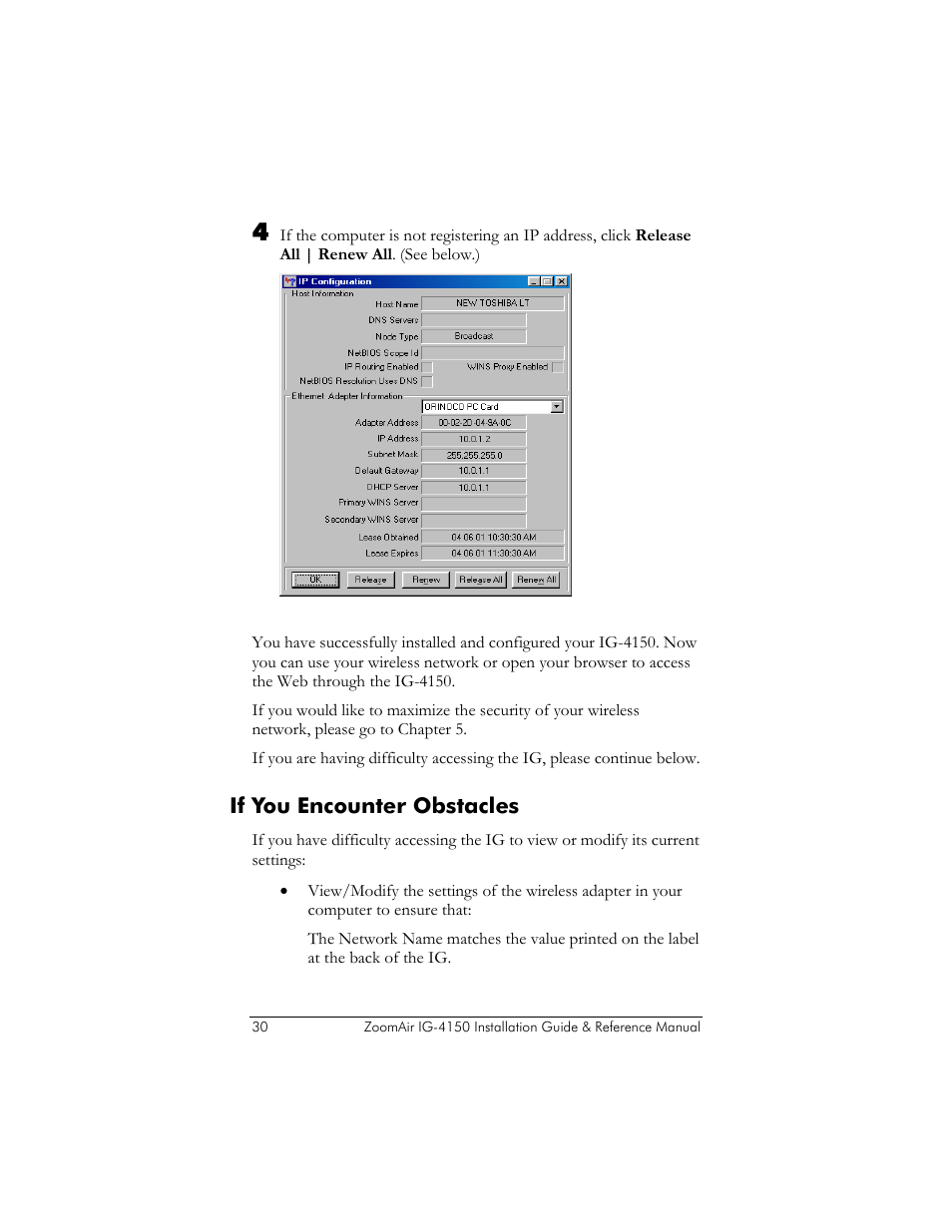 If you encounter obstacles, Hecking the, Ip a | Ddress | Zoom ZoomAir IG-4150 User Manual | Page 30 / 72