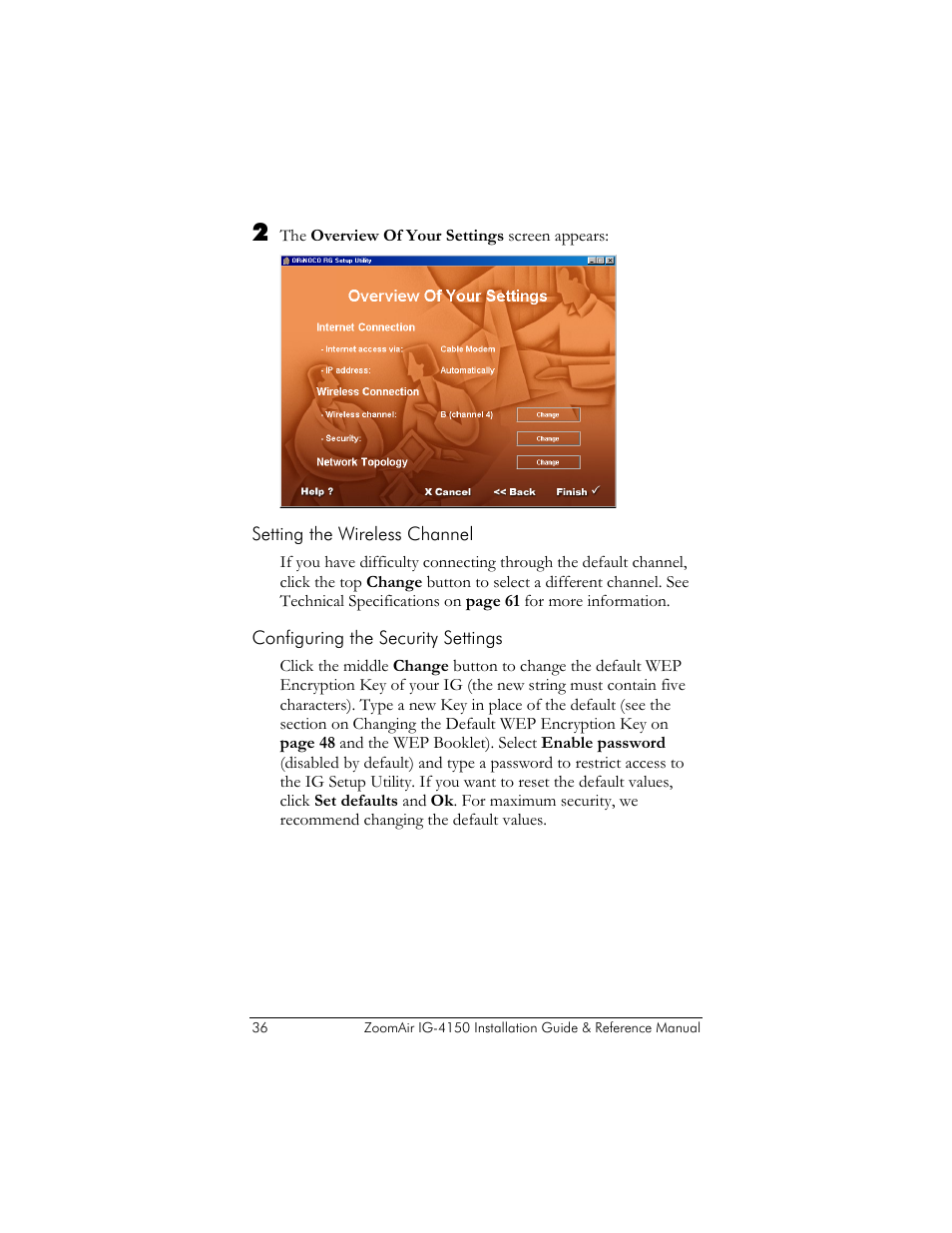 Setting the wireless channel, Configuring the security settings | Zoom ZoomAir IG-4150 User Manual | Page 36 / 72