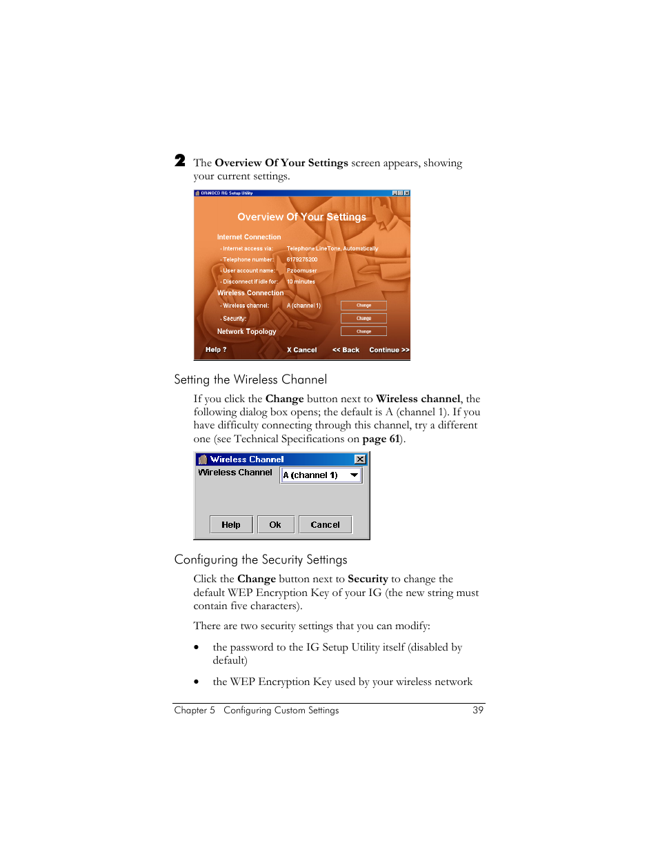 Setting the wireless channel, Configuring the security settings | Zoom ZoomAir IG-4150 User Manual | Page 39 / 72