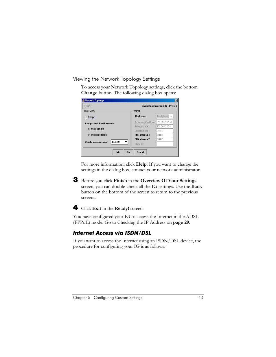 Viewing the network topology settings, Internet access via isdn/dsl, Ge 43 ) | Zoom ZoomAir IG-4150 User Manual | Page 43 / 72