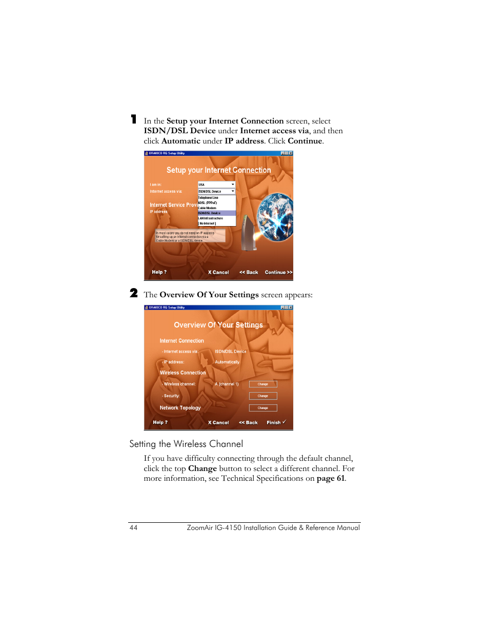 Setting the wireless channel | Zoom ZoomAir IG-4150 User Manual | Page 44 / 72