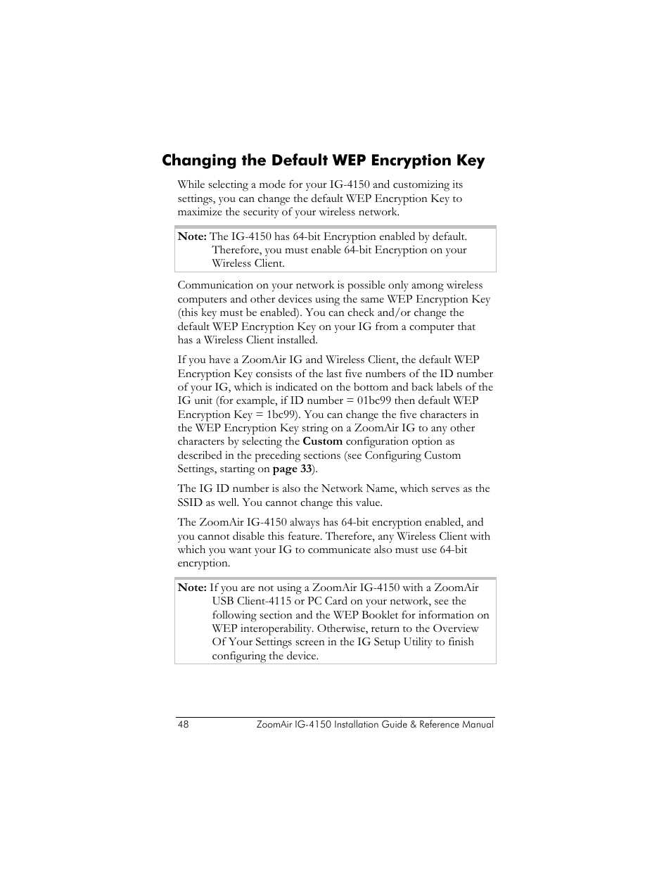 Changing the default wep encryption key, Ustomizing the, Ettings | Ion changing the default wep encryption key on, 48 a | Zoom ZoomAir IG-4150 User Manual | Page 48 / 72