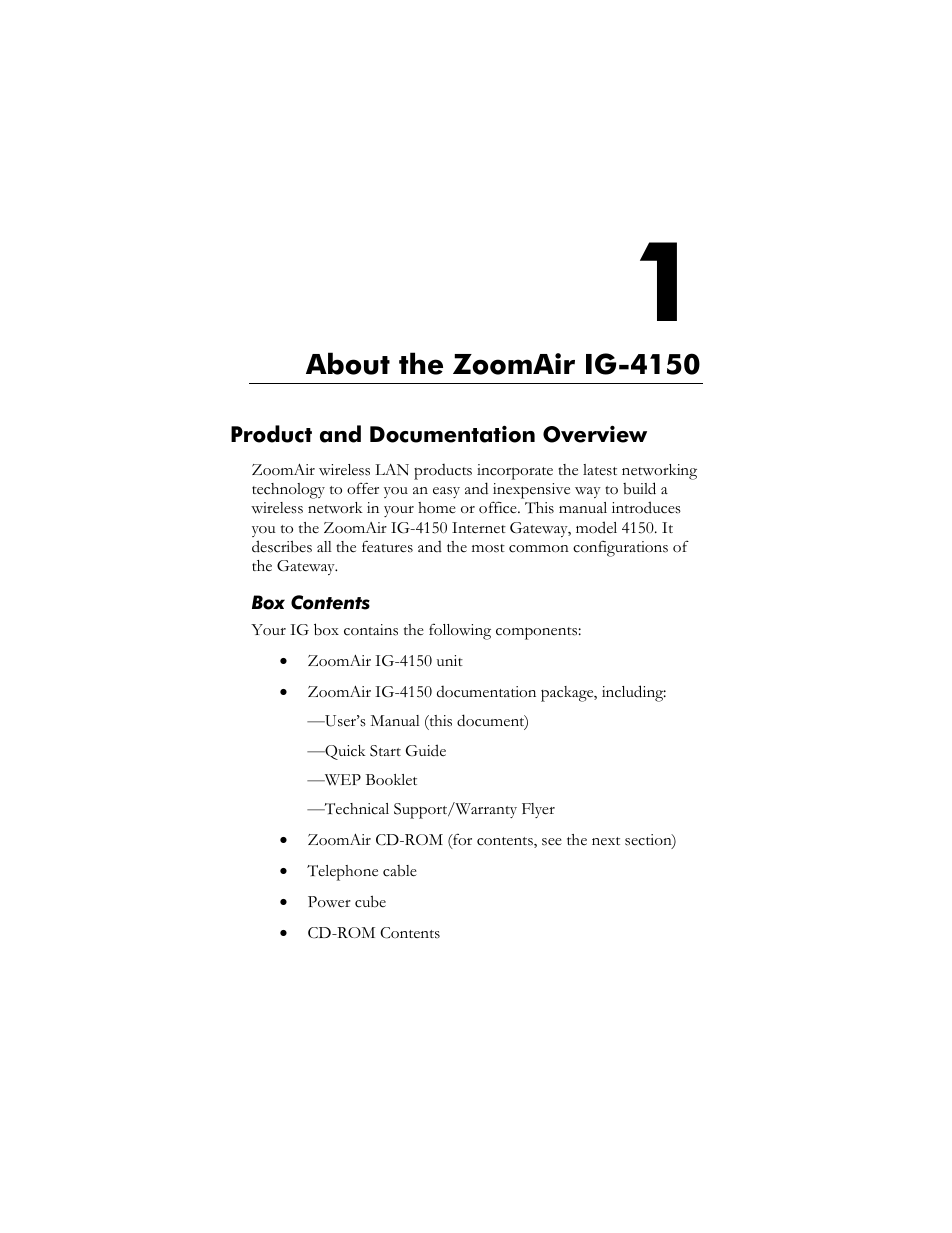 Product and documentation overview, Box contents, Hapter | Bout the, Ig-4150, About the zoomair ig-4150 | Zoom ZoomAir IG-4150 User Manual | Page 5 / 72