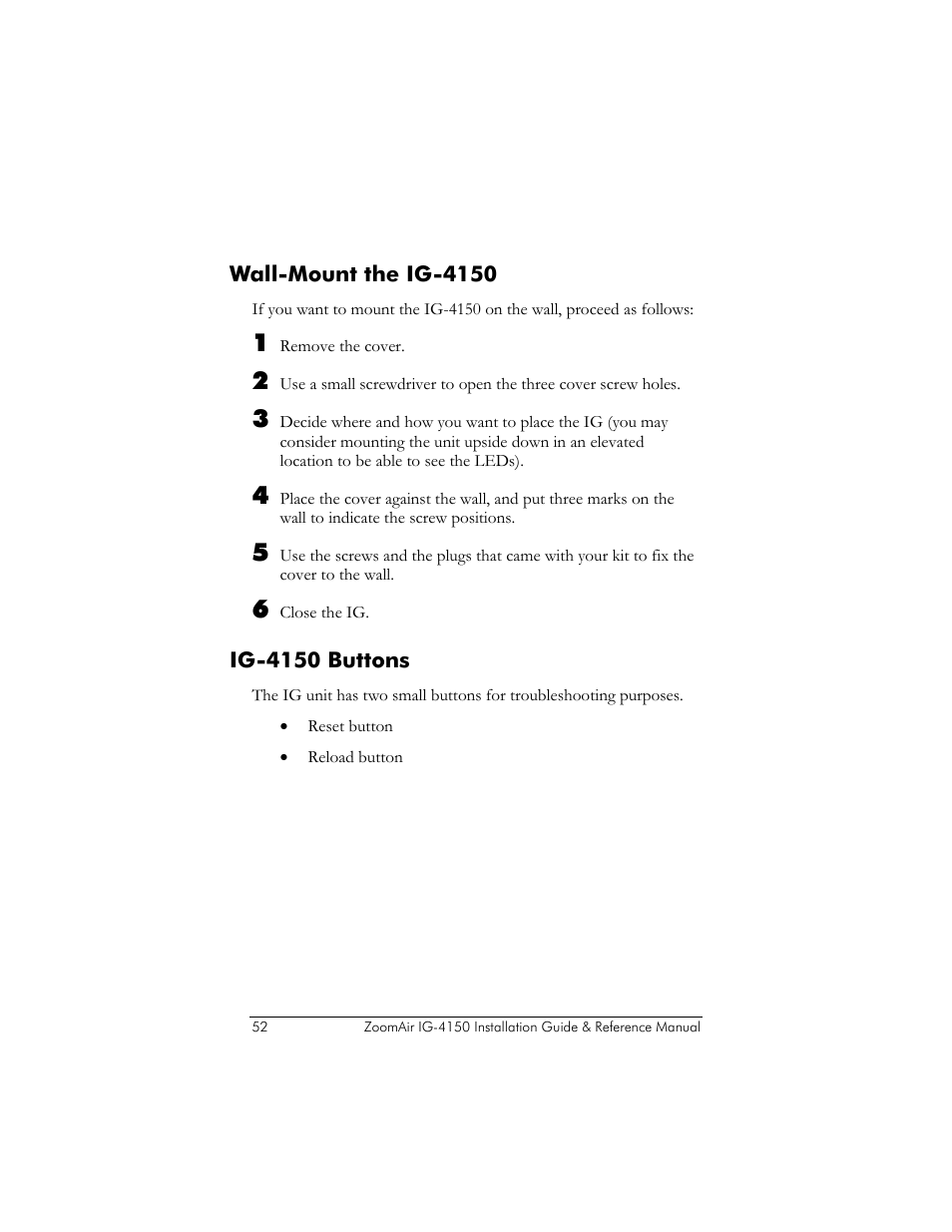 Wall-mount the ig-4150, Ig-4150 buttons, Eneral | Uidelines, Ount the, Ig-4150 | Zoom ZoomAir IG-4150 User Manual | Page 52 / 72