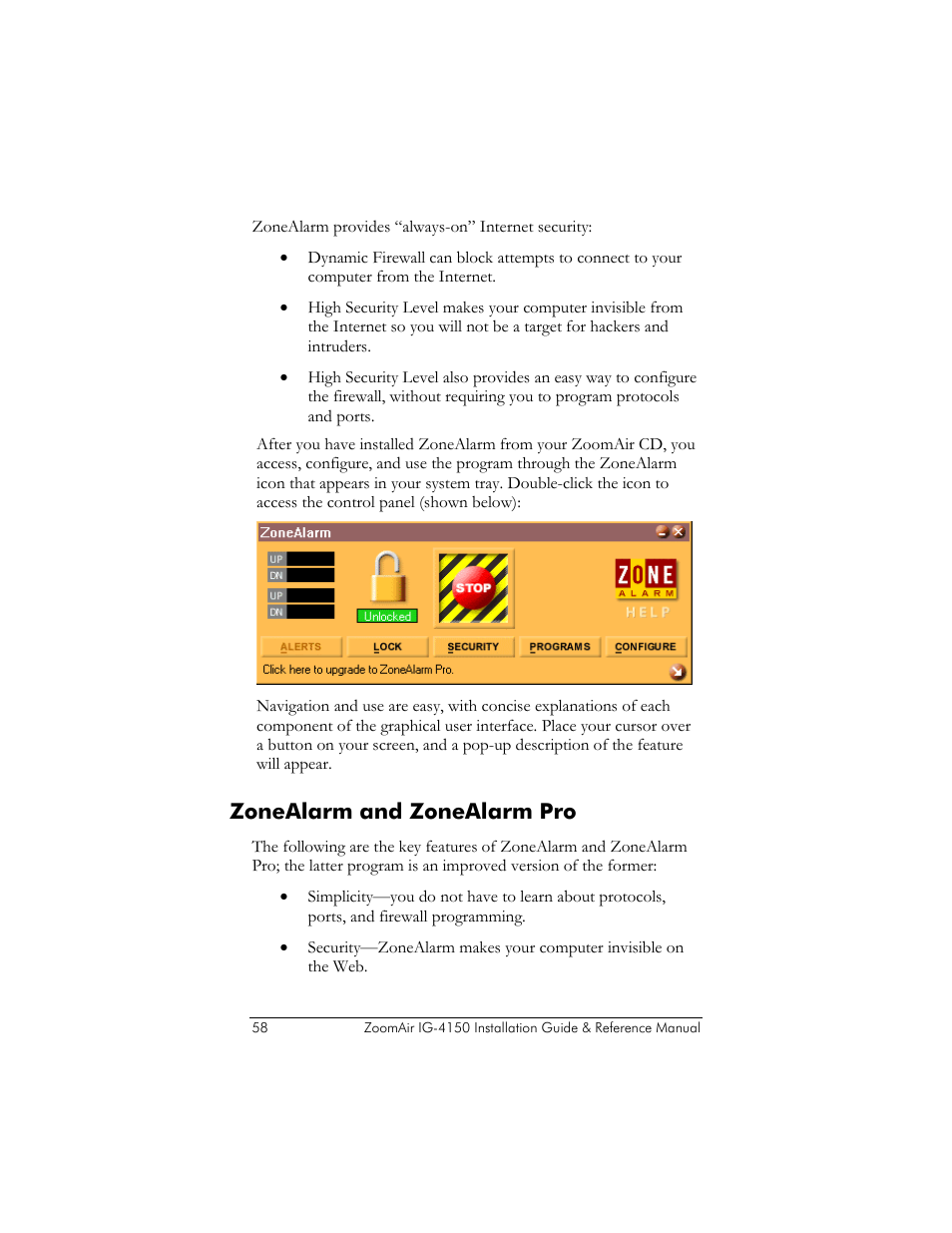 Zonealarm and zonealarm pro, Larm | Zoom ZoomAir IG-4150 User Manual | Page 58 / 72