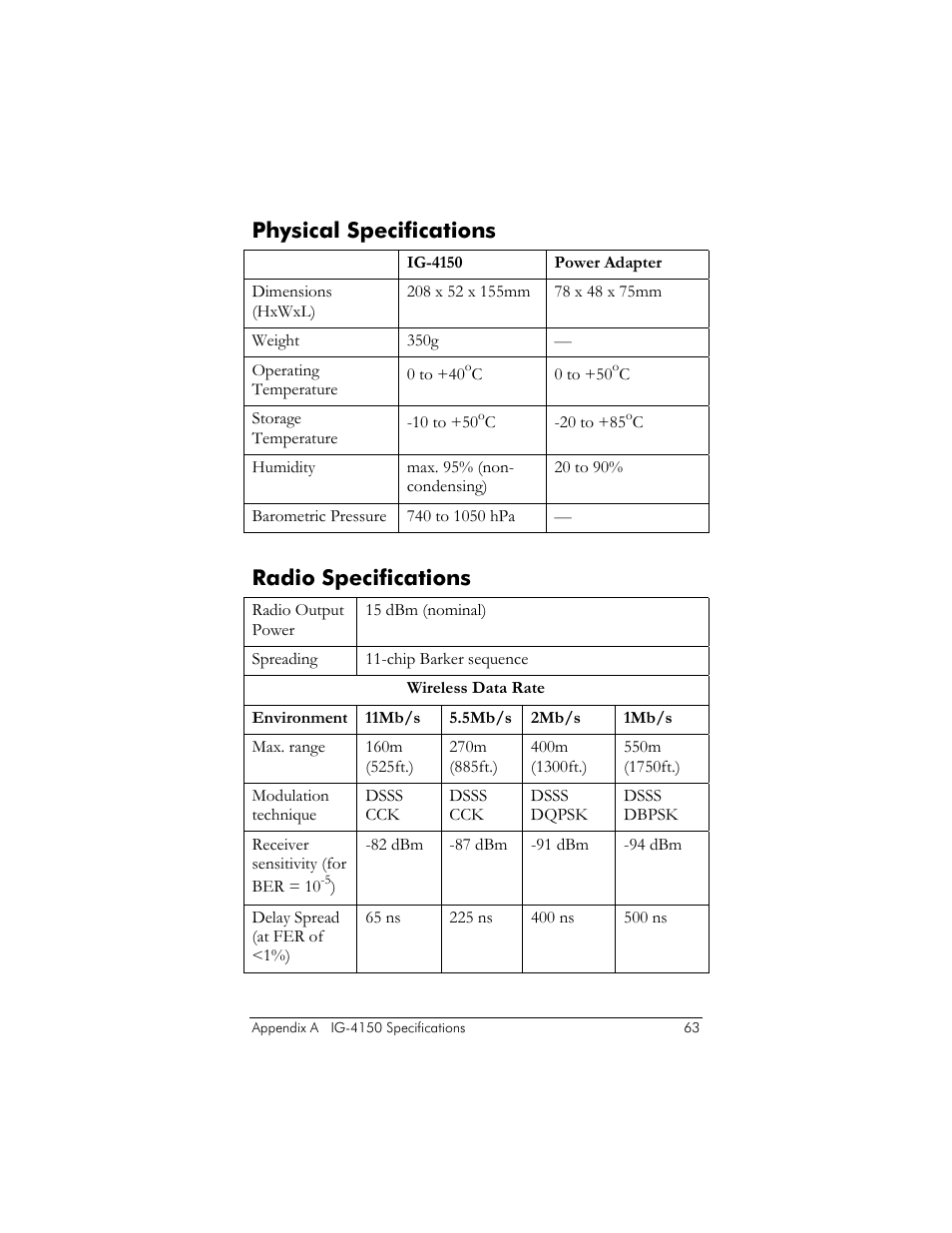 Physical specifications, Radio specifications | Zoom ZoomAir IG-4150 User Manual | Page 63 / 72