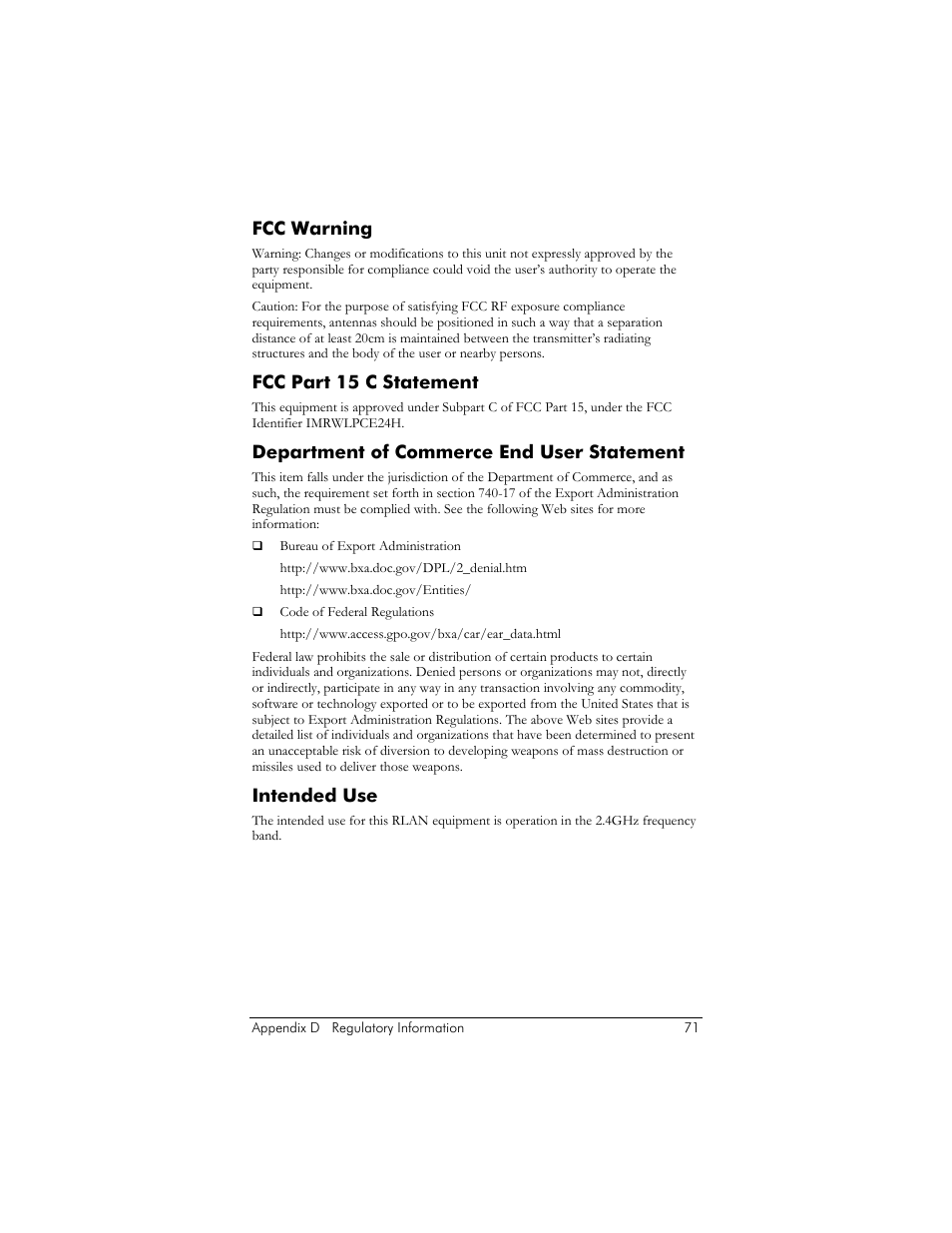 Fcc warning, Fcc part 15 c statement, Department of commerce end user statement | Intended use | Zoom ZoomAir IG-4150 User Manual | Page 71 / 72