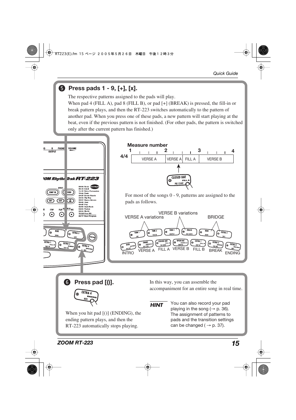 Press pads 1 - 9, [+], [x, Press pad [() | Zoom RT-223 User Manual | Page 15 / 88