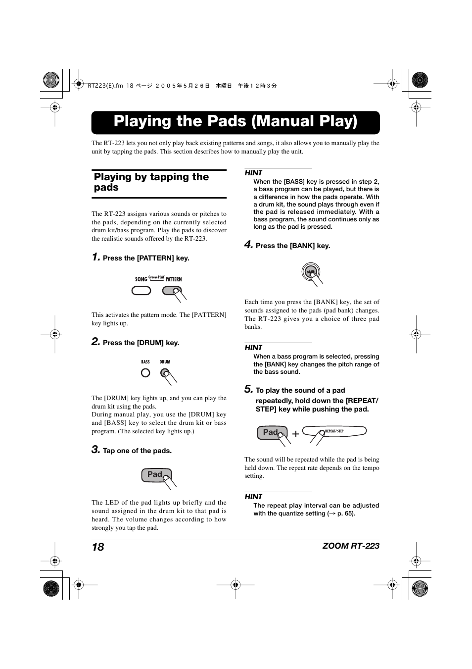 Playing the pads (manual play), Playing by tapping the pads | Zoom RT-223 User Manual | Page 18 / 88