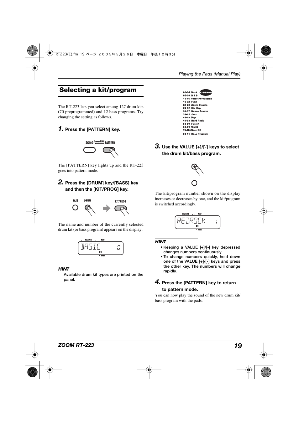 Selecting a kit/program, Basic, Rezrock | Zoom RT-223 User Manual | Page 19 / 88