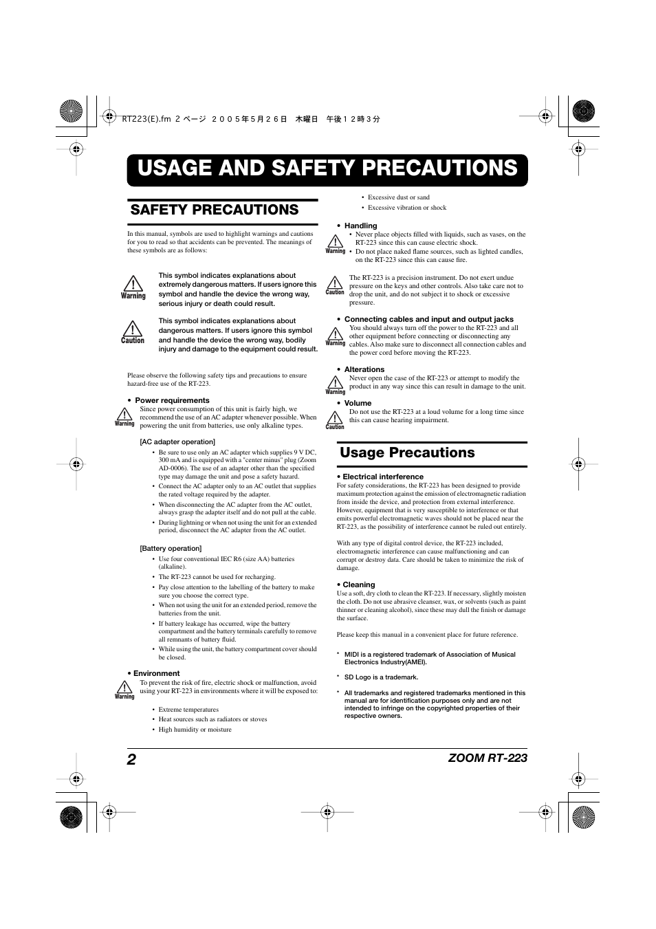 Usage and safety precautions, Safety precautions, Usage precautions | Zoom rt-223 | Zoom RT-223 User Manual | Page 2 / 88