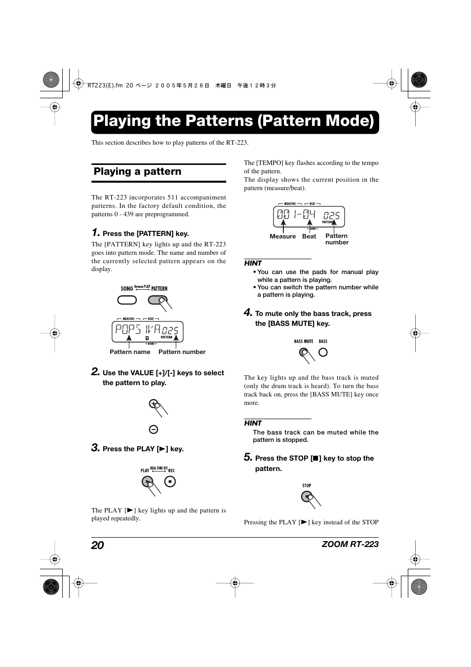 Playing the patterns (pattern mode), Playing a pattern, Pops1va | Zoom RT-223 User Manual | Page 20 / 88