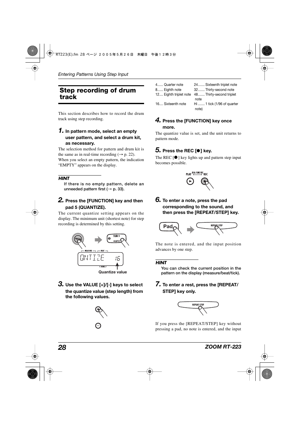 Step recording of drum track, Qntize | Zoom RT-223 User Manual | Page 28 / 88