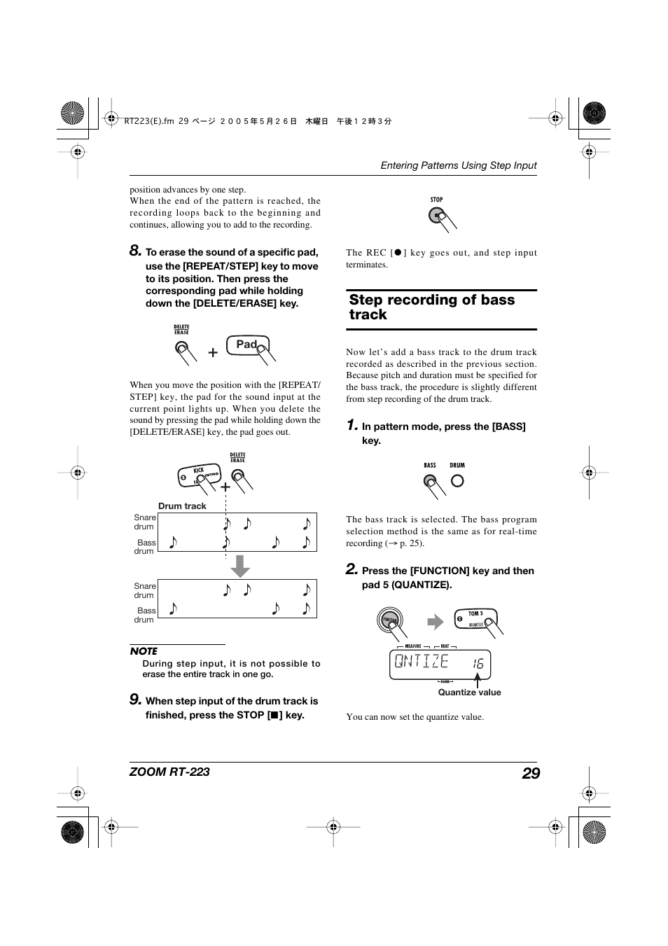 Step recording of bass track, Qntize | Zoom RT-223 User Manual | Page 29 / 88