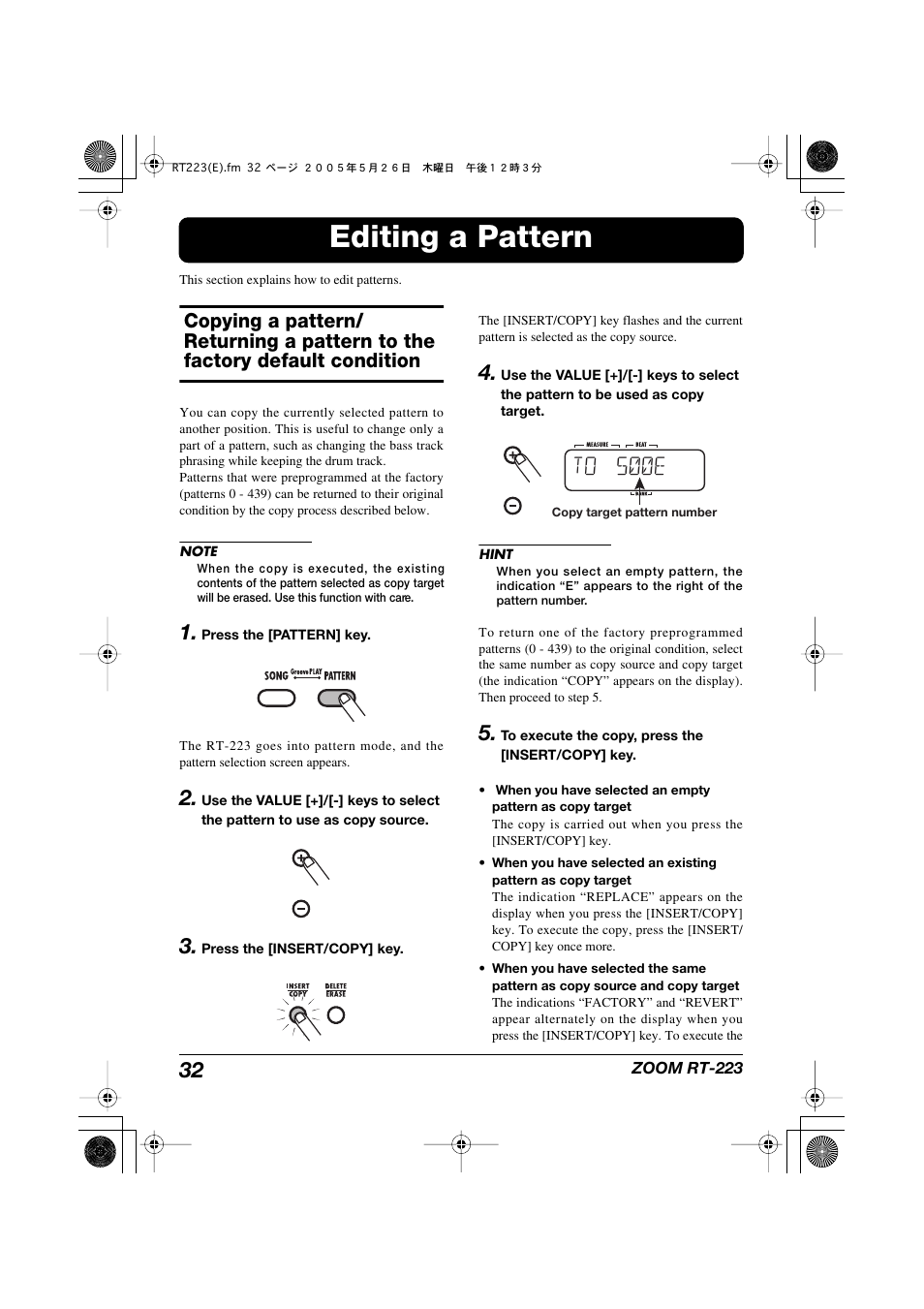 Editing a pattern, Copying a pattern/ returning a pattern to the, Factory default condition | Zoom RT-223 User Manual | Page 32 / 88