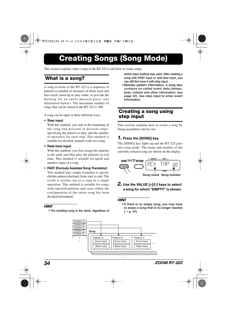 Creating songs (song mode), What is a song, Creating a song using step input | Rck tmp | Zoom RT-223 User Manual | Page 34 / 88