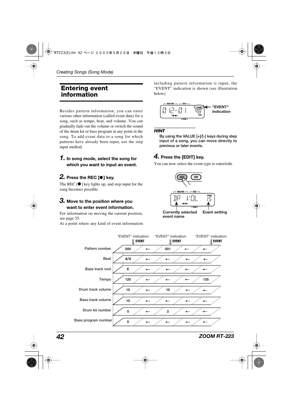 Entering event information, Dr vol | Zoom RT-223 User Manual | Page 42 / 88