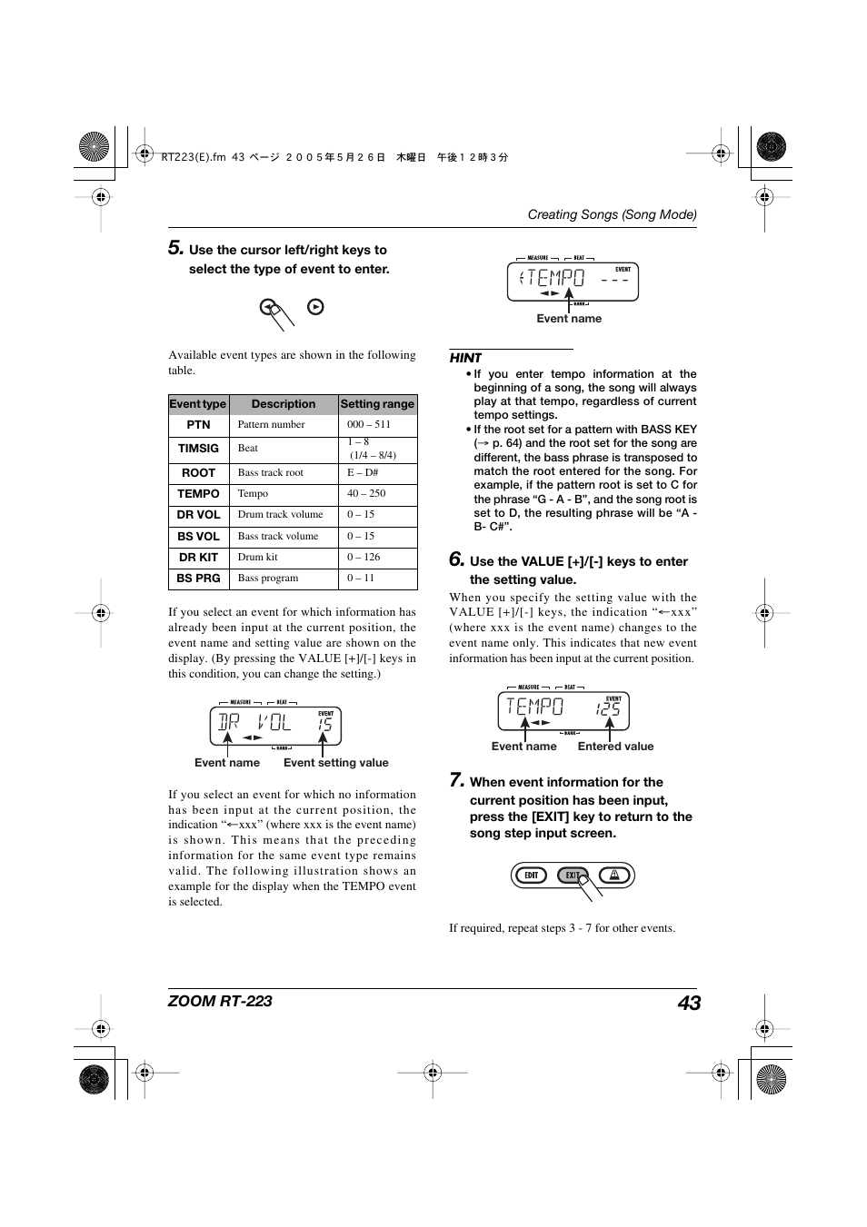 Dr vol, Tempo | Zoom RT-223 User Manual | Page 43 / 88