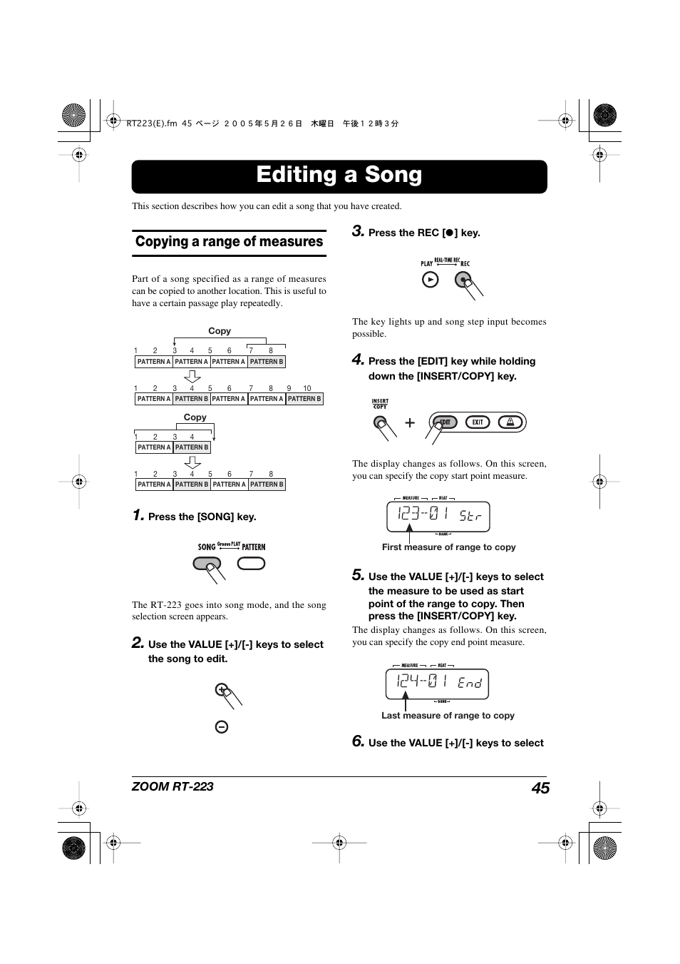 Editing a song, Copying a range of measures | Zoom RT-223 User Manual | Page 45 / 88