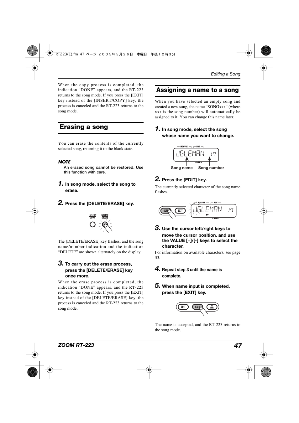 Erasing a song, Assigning a name to a song, Jgleman | Zoom RT-223 User Manual | Page 47 / 88