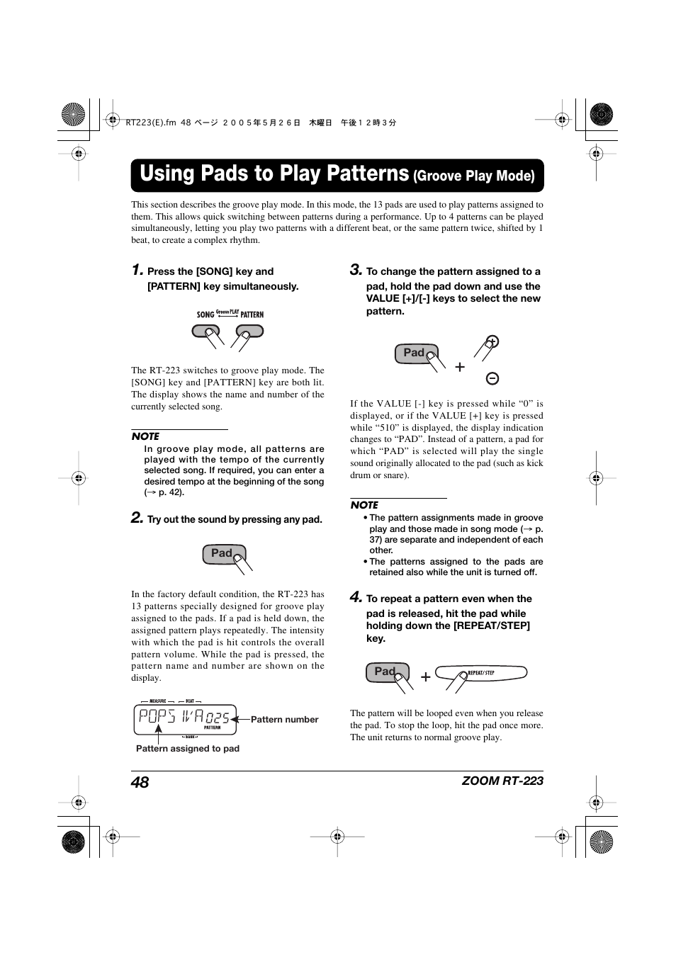 Using pads to play patterns, Groove play mode), Pops1va | Zoom RT-223 User Manual | Page 48 / 88