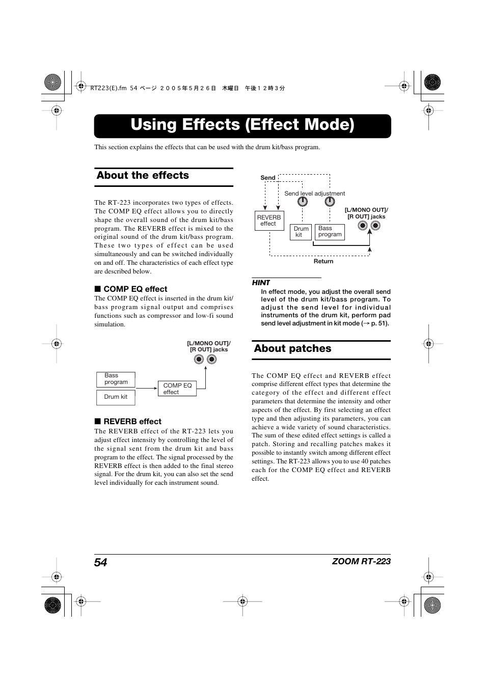 Using effects (effect mode), About the effects, About patches | Zoom RT-223 User Manual | Page 54 / 88