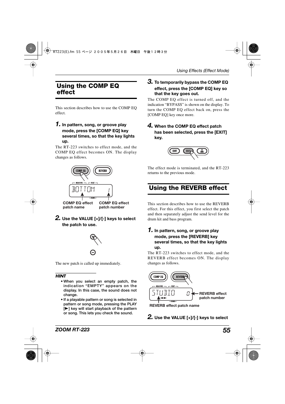 Using the comp eq effect, Using the reverb effect, Bottom | Studio | Zoom RT-223 User Manual | Page 55 / 88