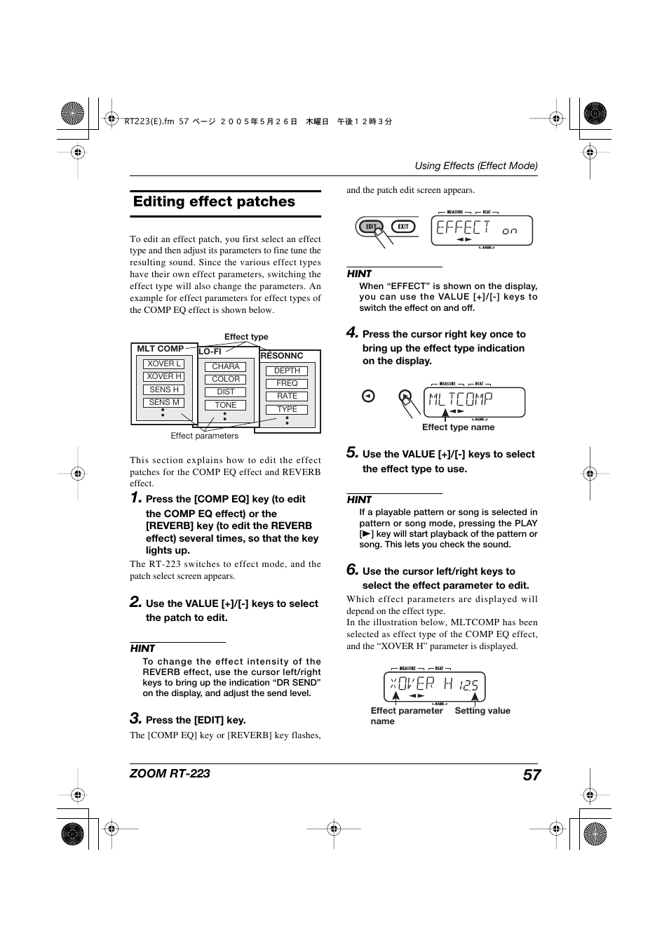 Editing effect patches, Effect, Mltcomp | Xover h | Zoom RT-223 User Manual | Page 57 / 88