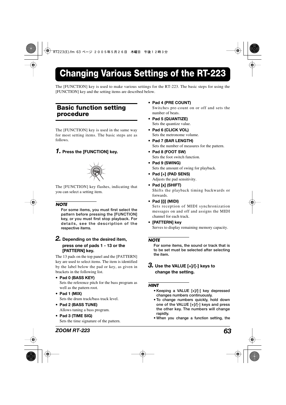 Changing various settings of the rt-223, Basic function setting procedure | Zoom RT-223 User Manual | Page 63 / 88