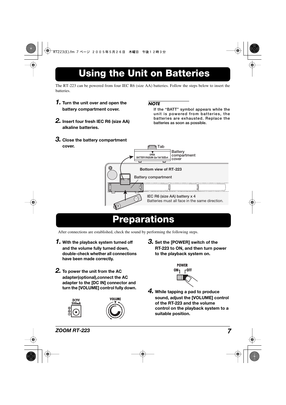 Using the unit on batteries, Preparations | Zoom RT-223 User Manual | Page 7 / 88
