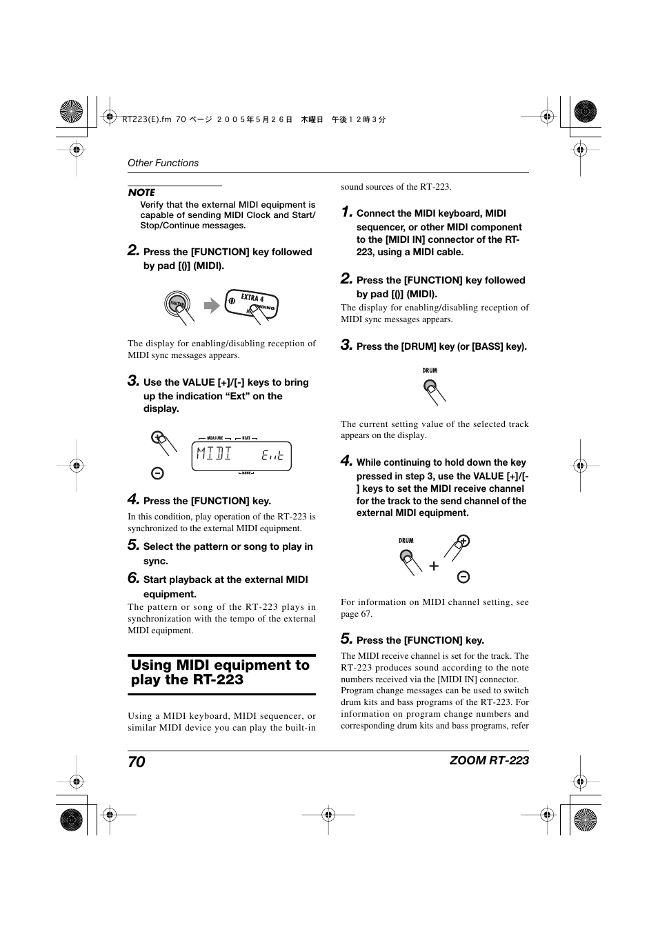 Using midi equipment to play the rt-223, Midi | Zoom RT-223 User Manual | Page 70 / 88