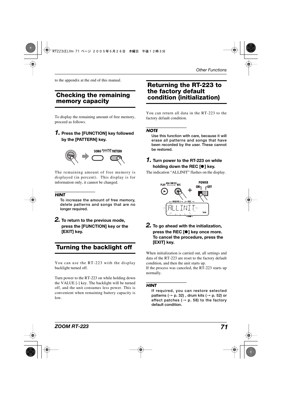 Turning the backlight off, Allinit | Zoom RT-223 User Manual | Page 71 / 88