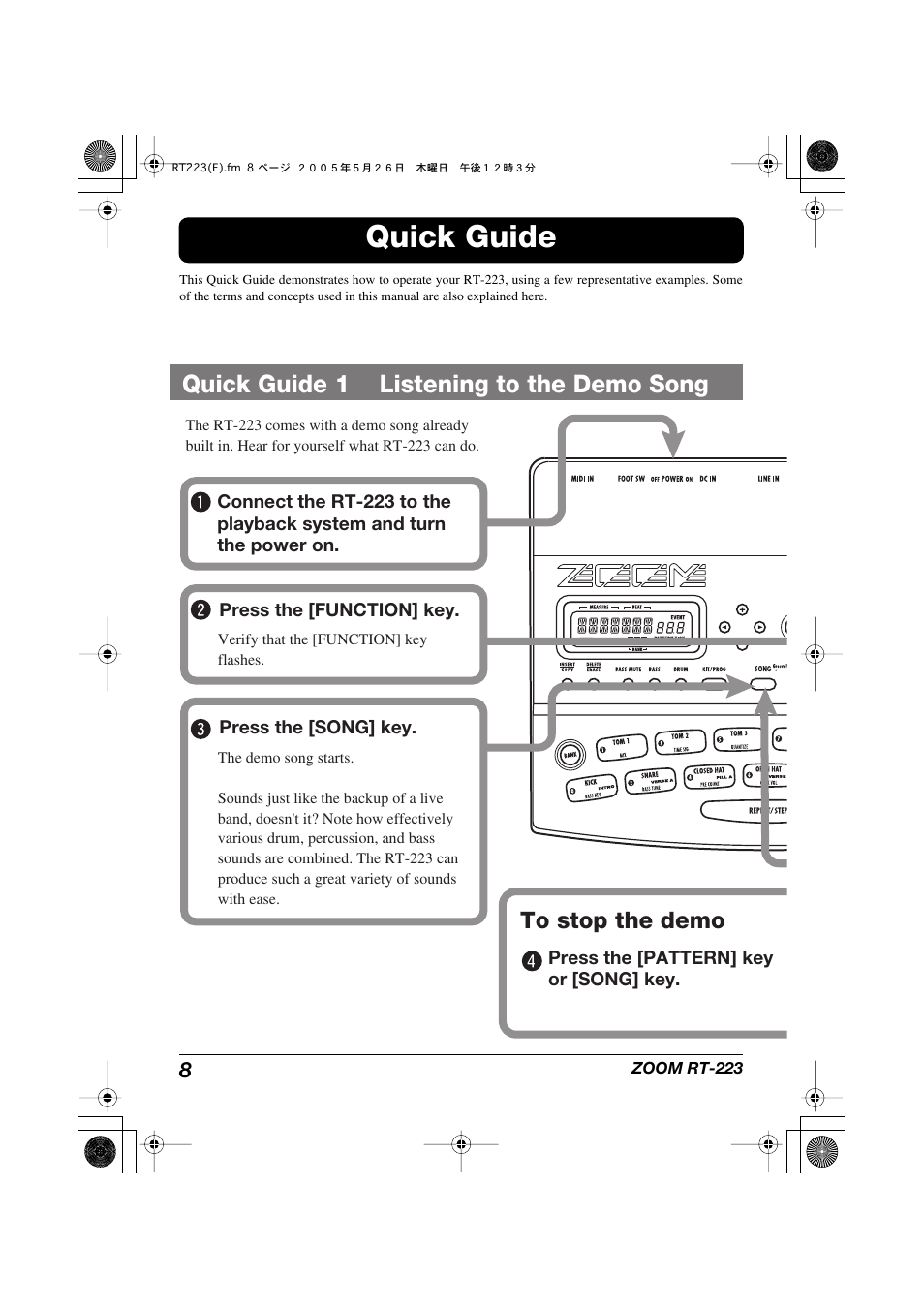 Quick guide, Quick guide 1 listening to the demo song | Zoom RT-223 User Manual | Page 8 / 88
