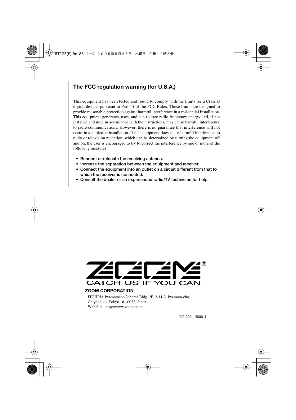 The fcc regulation warning (for u.s.a.) | Zoom RT-223 User Manual | Page 88 / 88