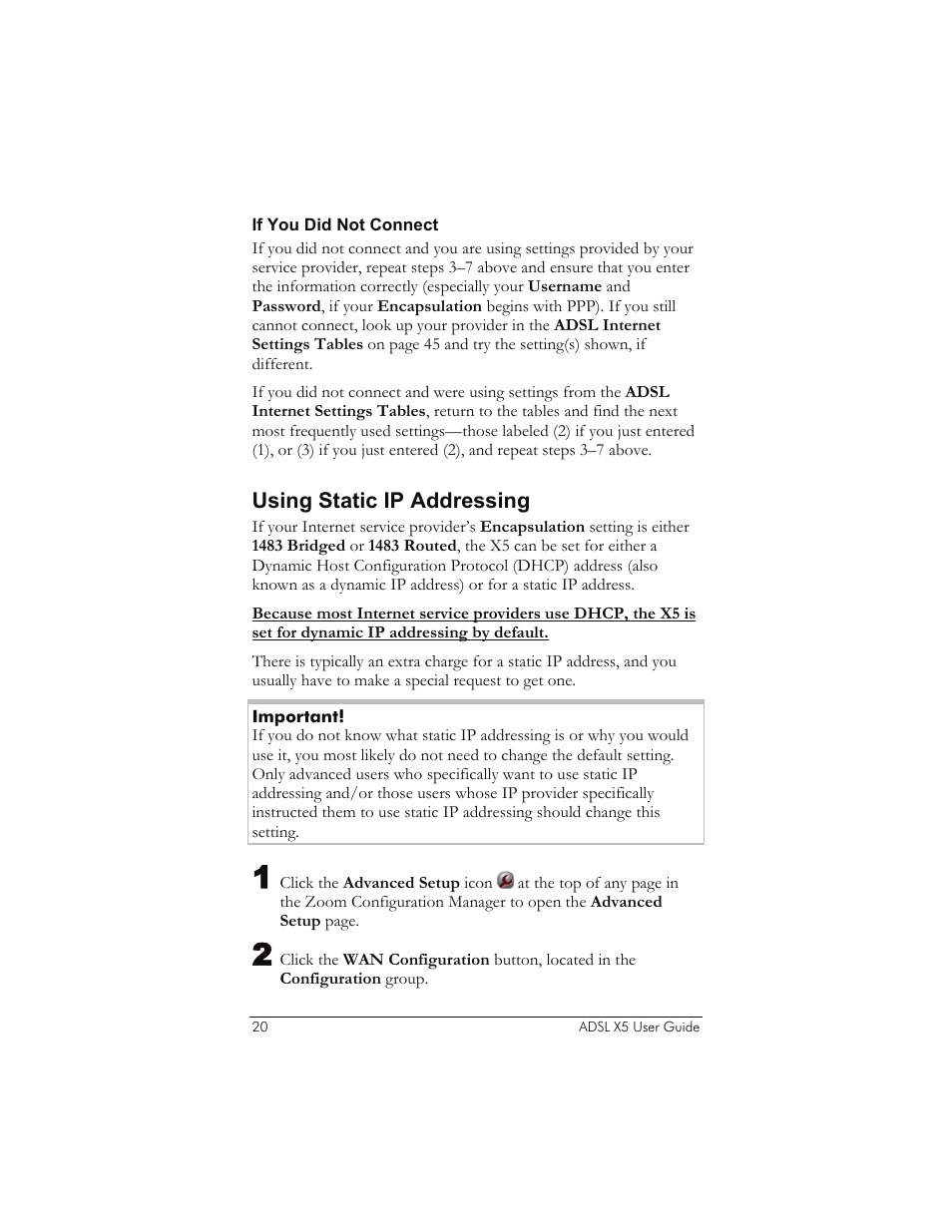 If you did not connect, Using static ip addressing, Ue with using static ip addressing | Ge 20 | Zoom 1065 User Manual | Page 20 / 66