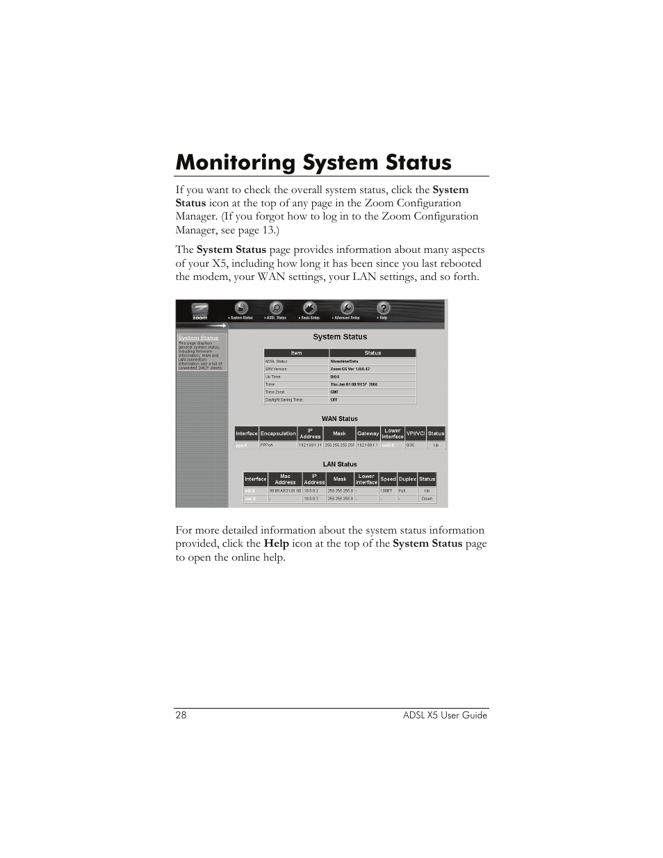 Monitoring system status, Onitoring, Ystem | Tatus | Zoom 1065 User Manual | Page 28 / 66