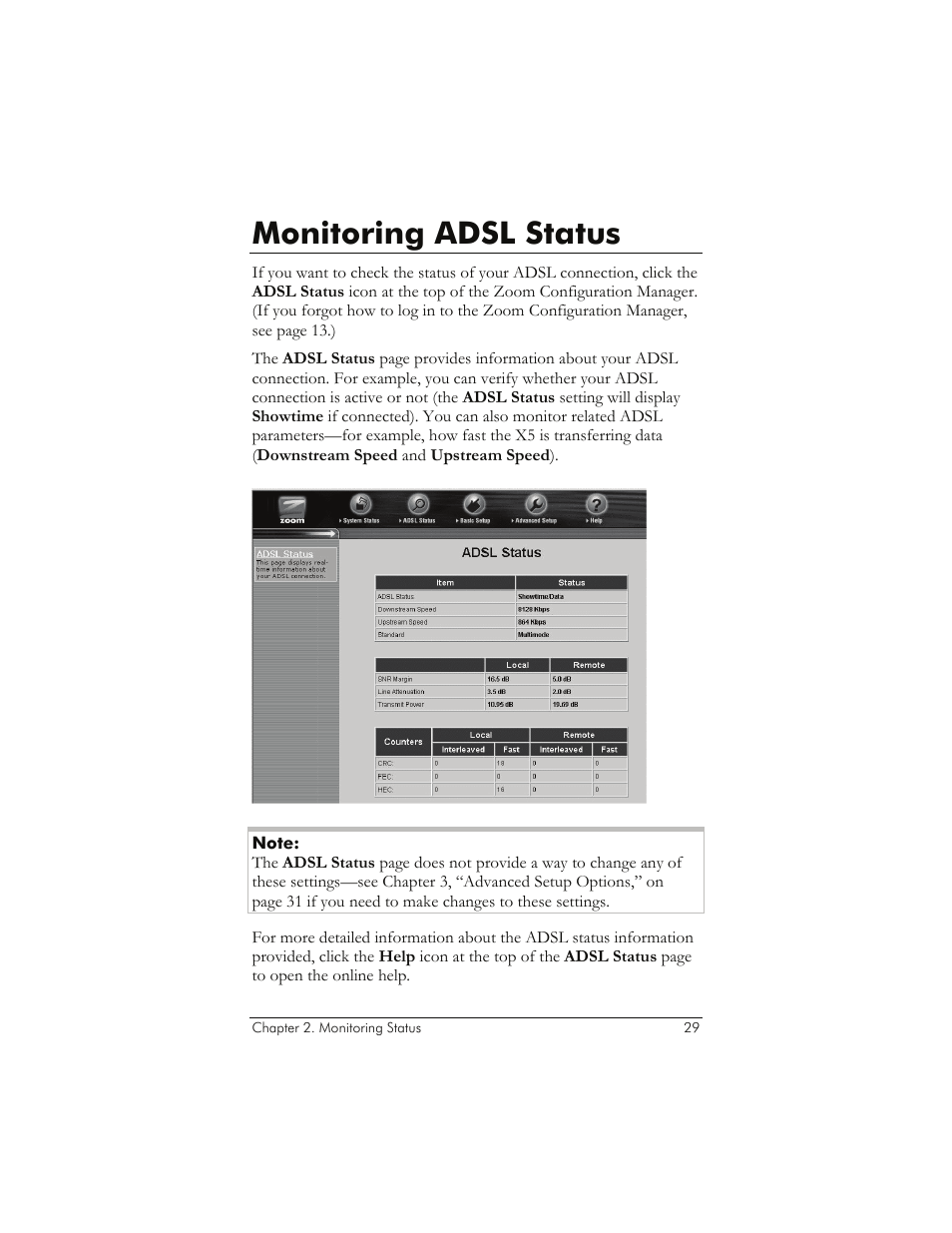 Monitoring adsl status, Onitoring, Adsl | Tatus | Zoom 1065 User Manual | Page 29 / 66