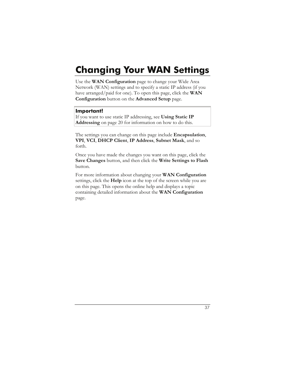 Changing your wan settings, Hanging, Ettings | Changing your wan, Settings | Zoom 1065 User Manual | Page 37 / 66