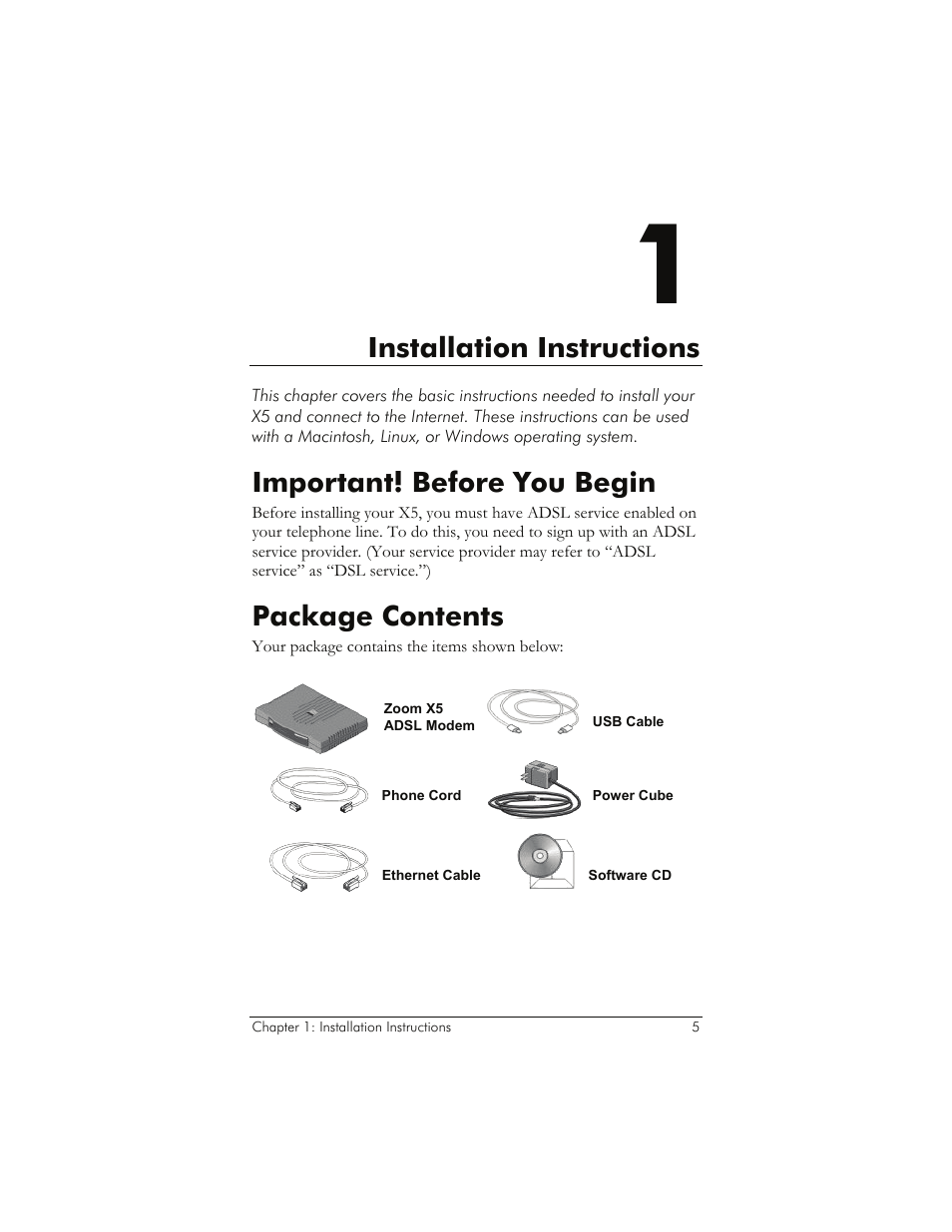 Important! before you begin, Package contents, Nstallation | Nstructions, Mportant, Efore, Egin, Ackage, Ontents, Installation instructions | Zoom 1065 User Manual | Page 5 / 66