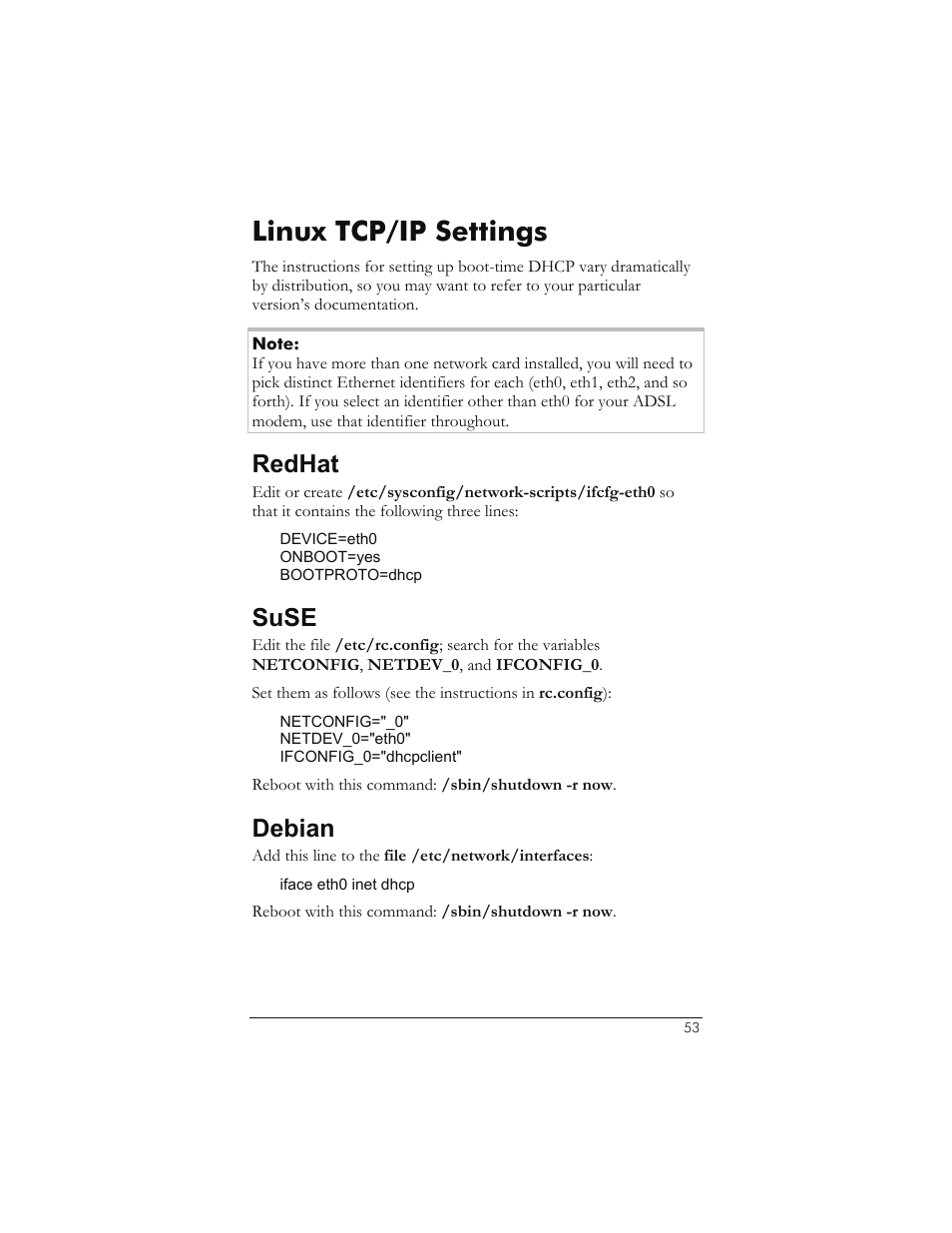 Linux tcp/ip settings, Redhat, Suse | Debian, Inux, Tcp/ip, Ettings, Linux tcp/ip settings on p, Ge 53, E linux tcp/ip settings | Zoom 1065 User Manual | Page 53 / 66