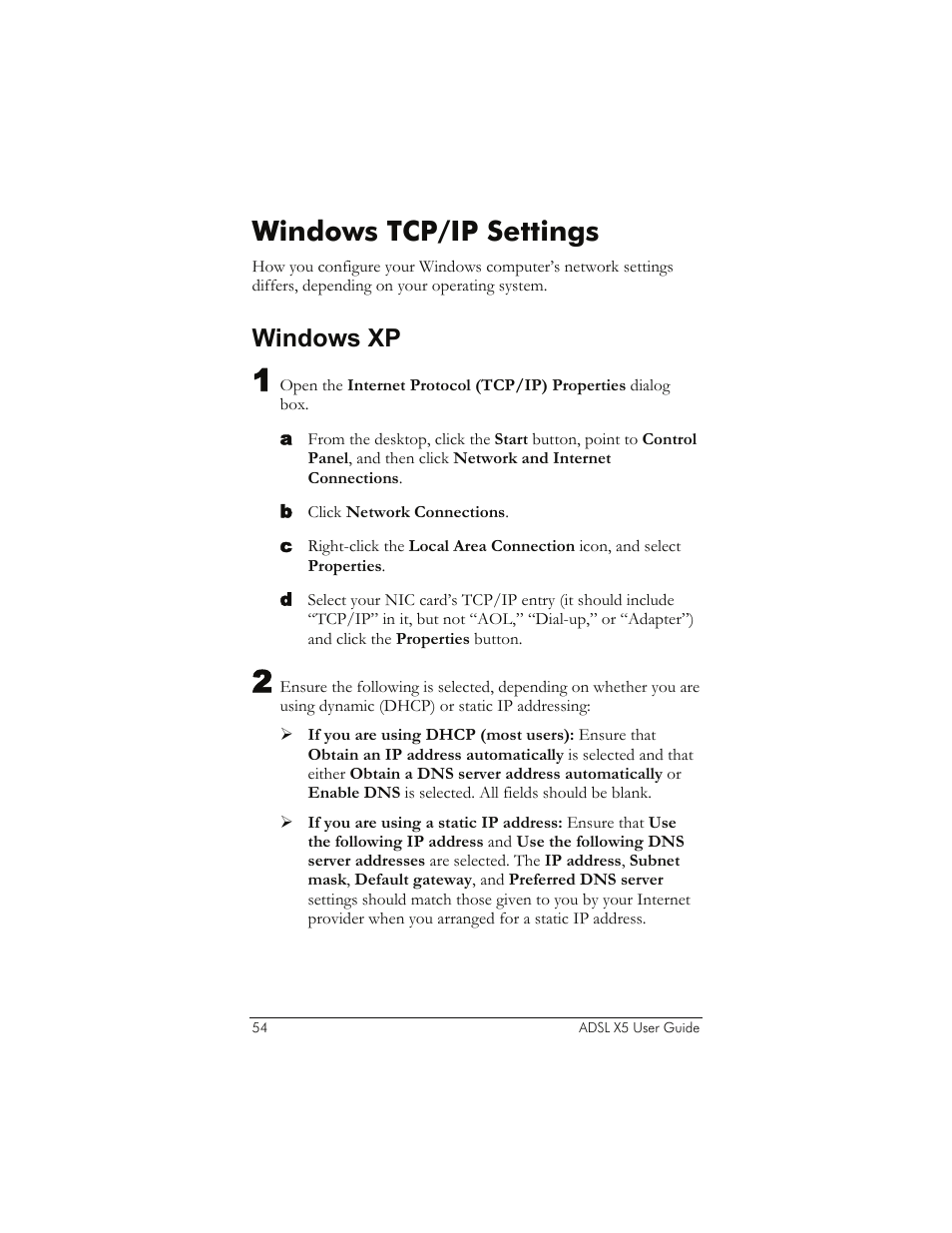 Windows tcp/ip settings, Windows xp, Indows | Tcp/ip, Ettings | Zoom 1065 User Manual | Page 54 / 66