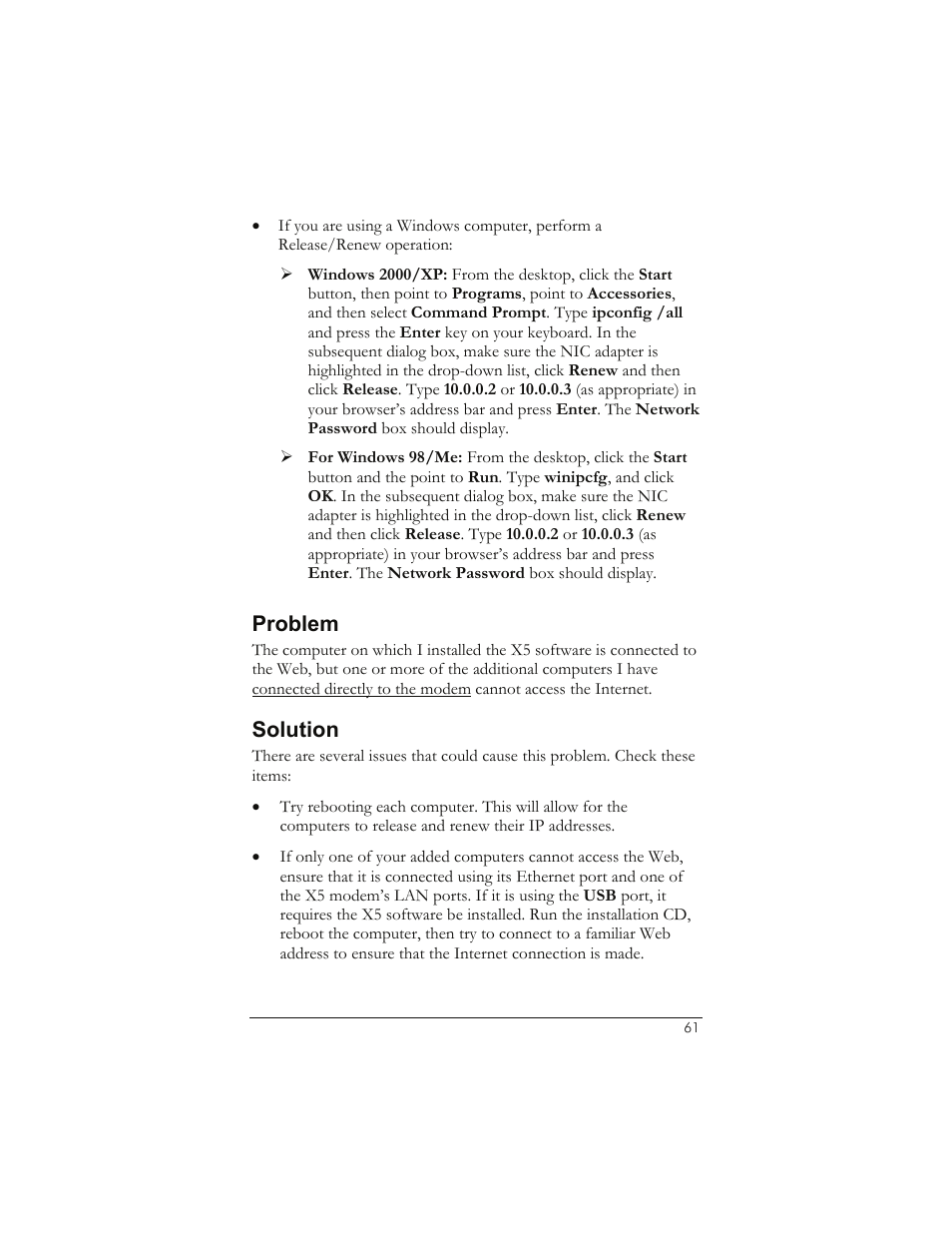 Problem, Solution | Zoom 1065 User Manual | Page 61 / 66